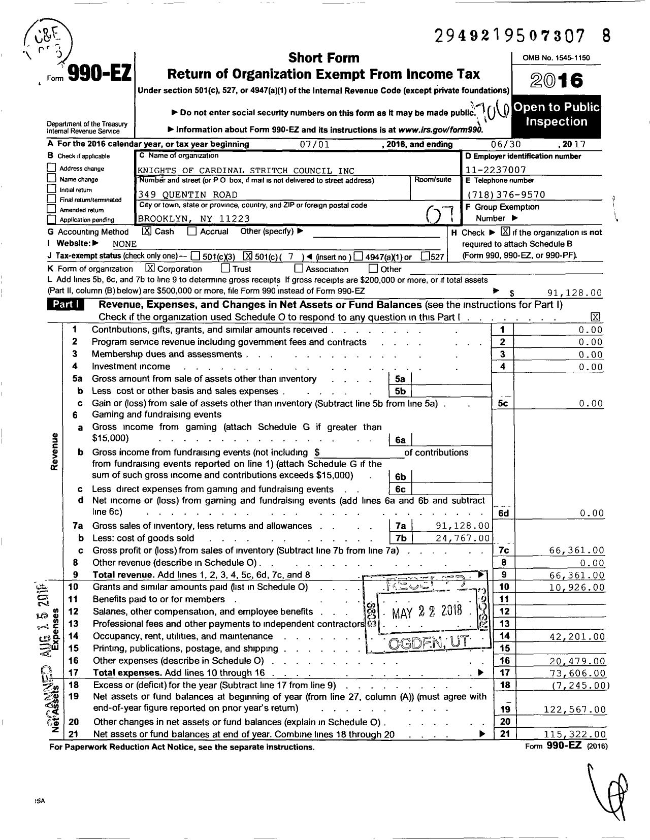 Image of first page of 2016 Form 990EO for Knights of Cardinal Stritch Council