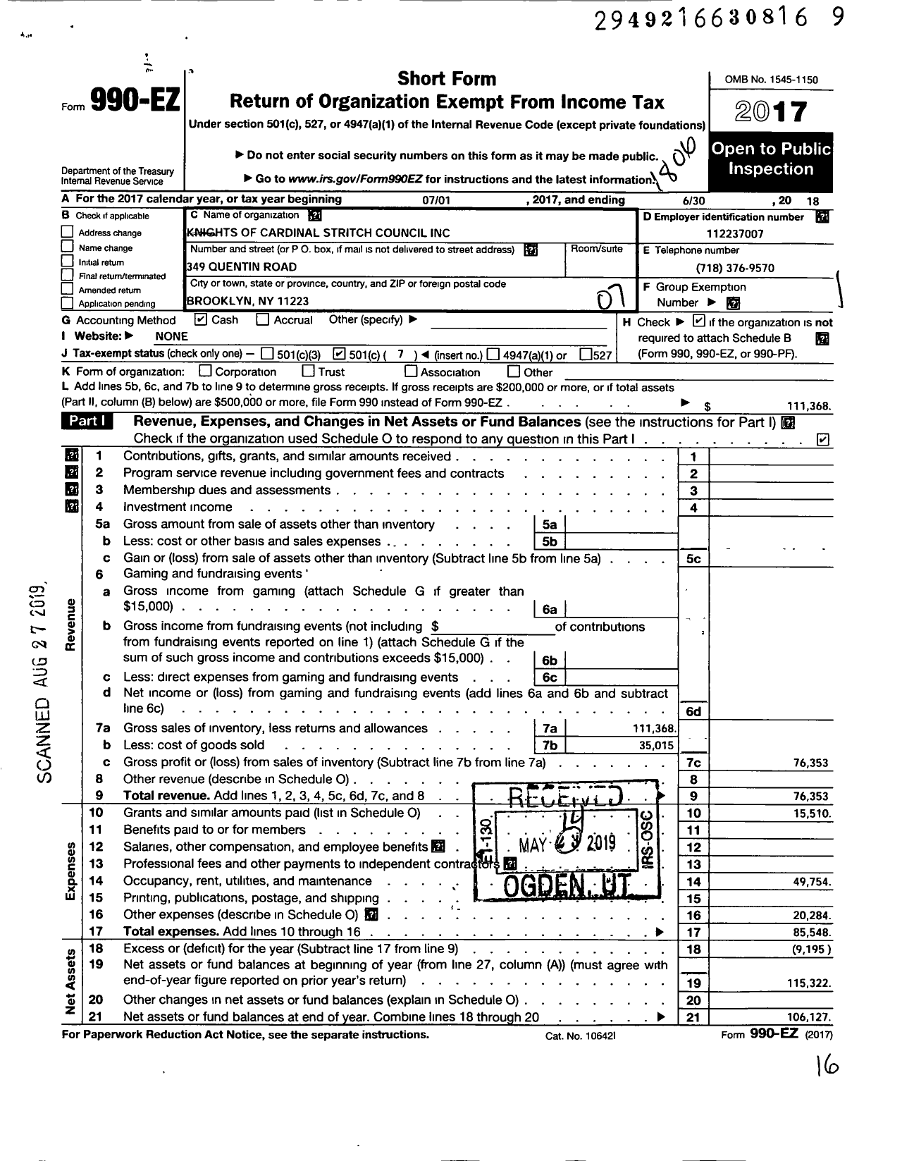 Image of first page of 2017 Form 990EO for Knights of Cardinal Stritch Council