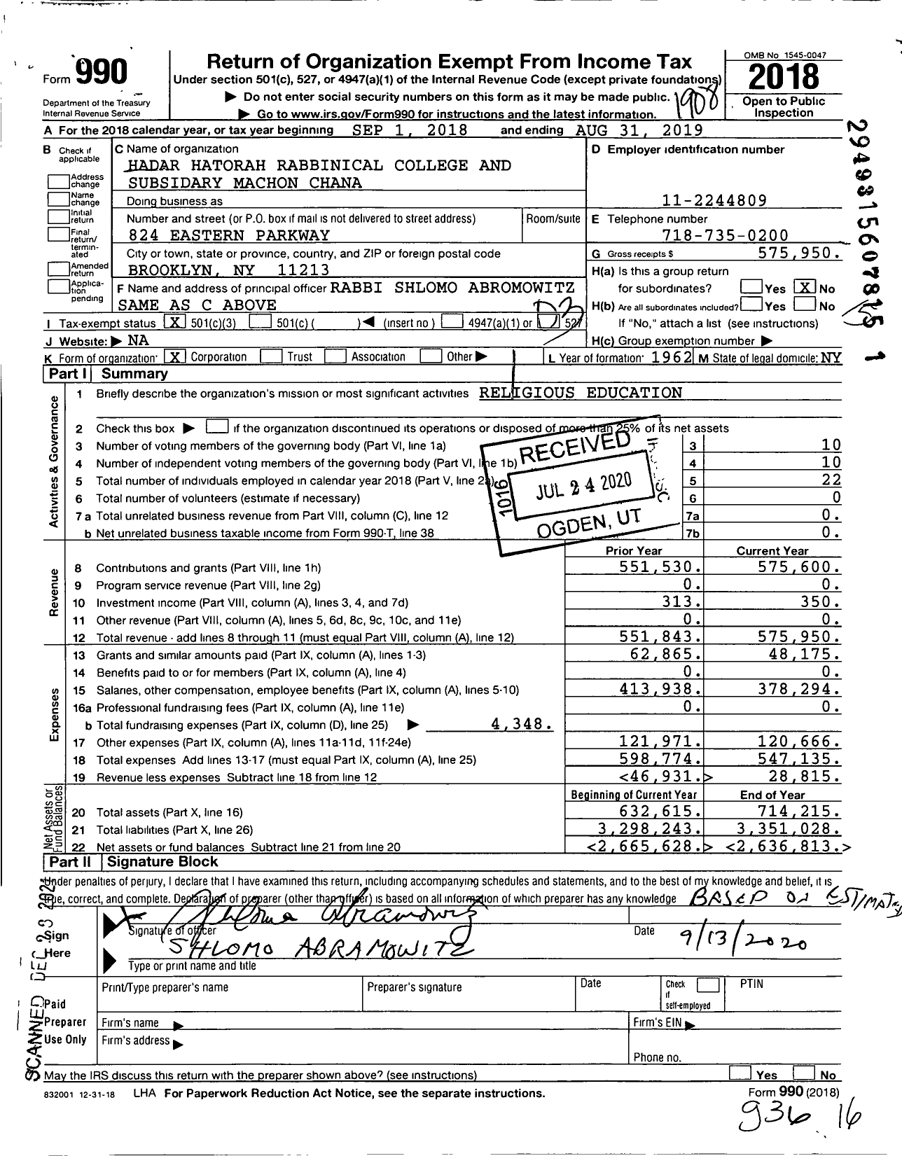 Image of first page of 2018 Form 990 for Hadar Hatorah Rabbinical College and Subsidary Machon Chana