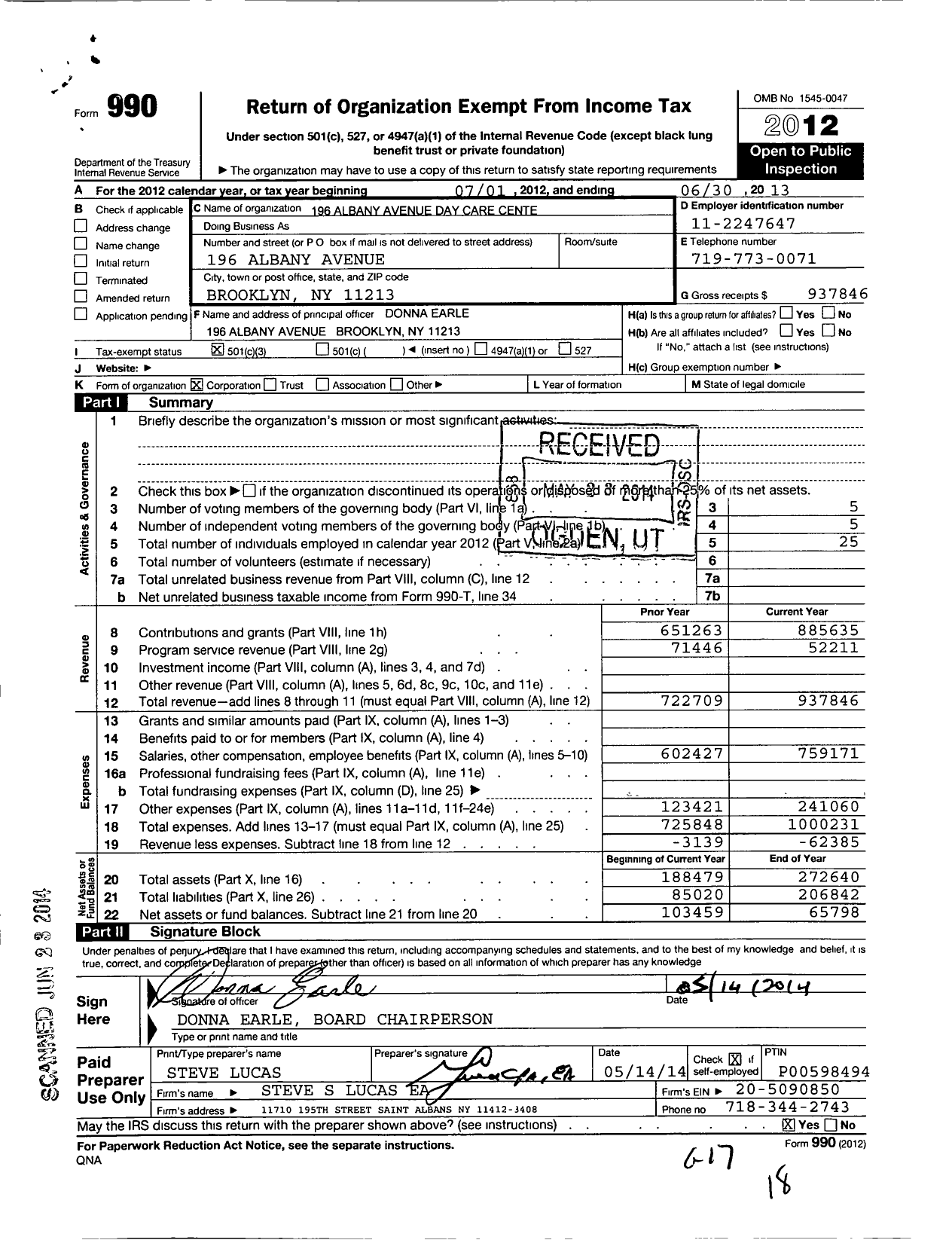Image of first page of 2012 Form 990 for 196 Albany Avenue Day Care Center