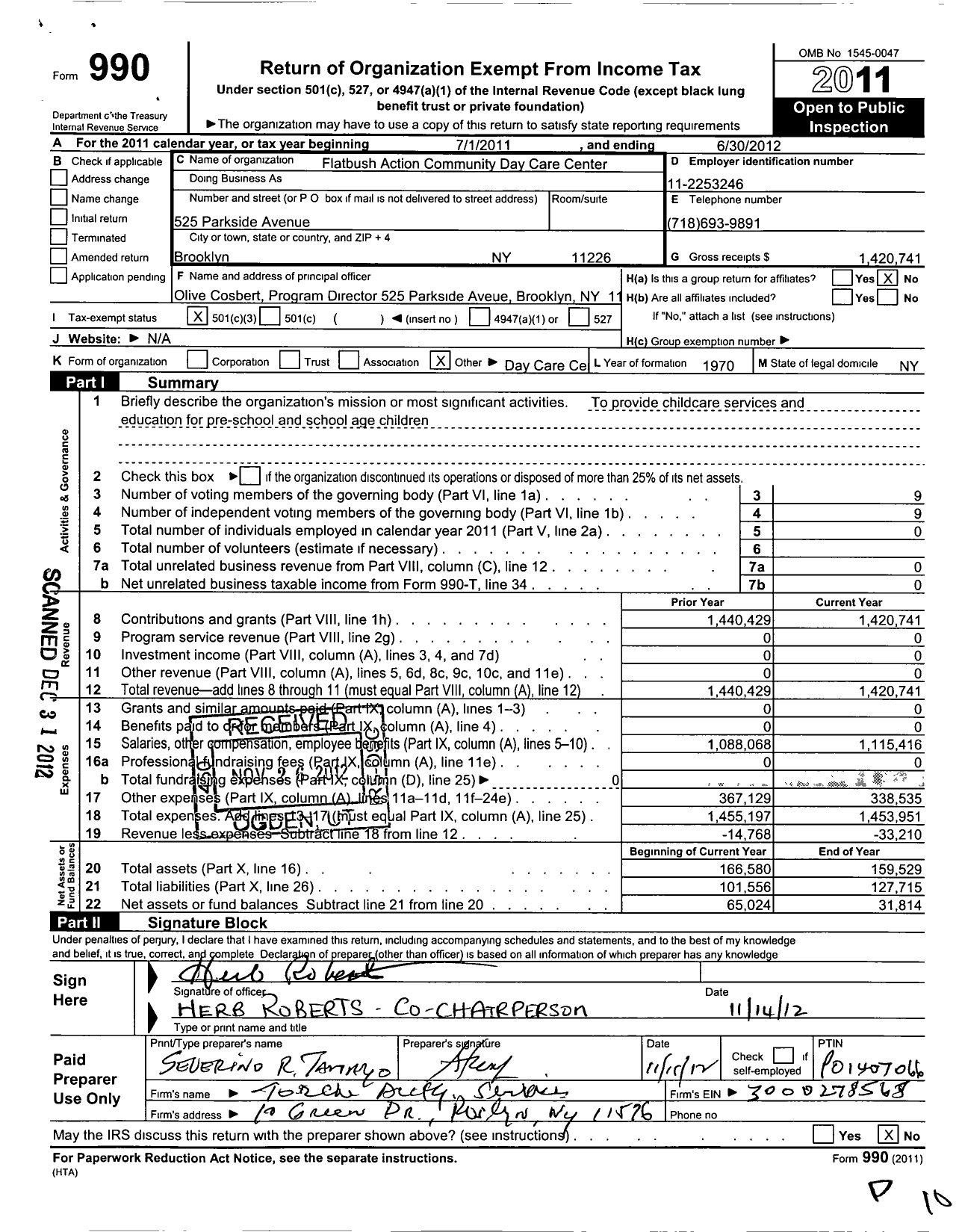 Image of first page of 2011 Form 990 for Flatbush Action Community Day Care Center