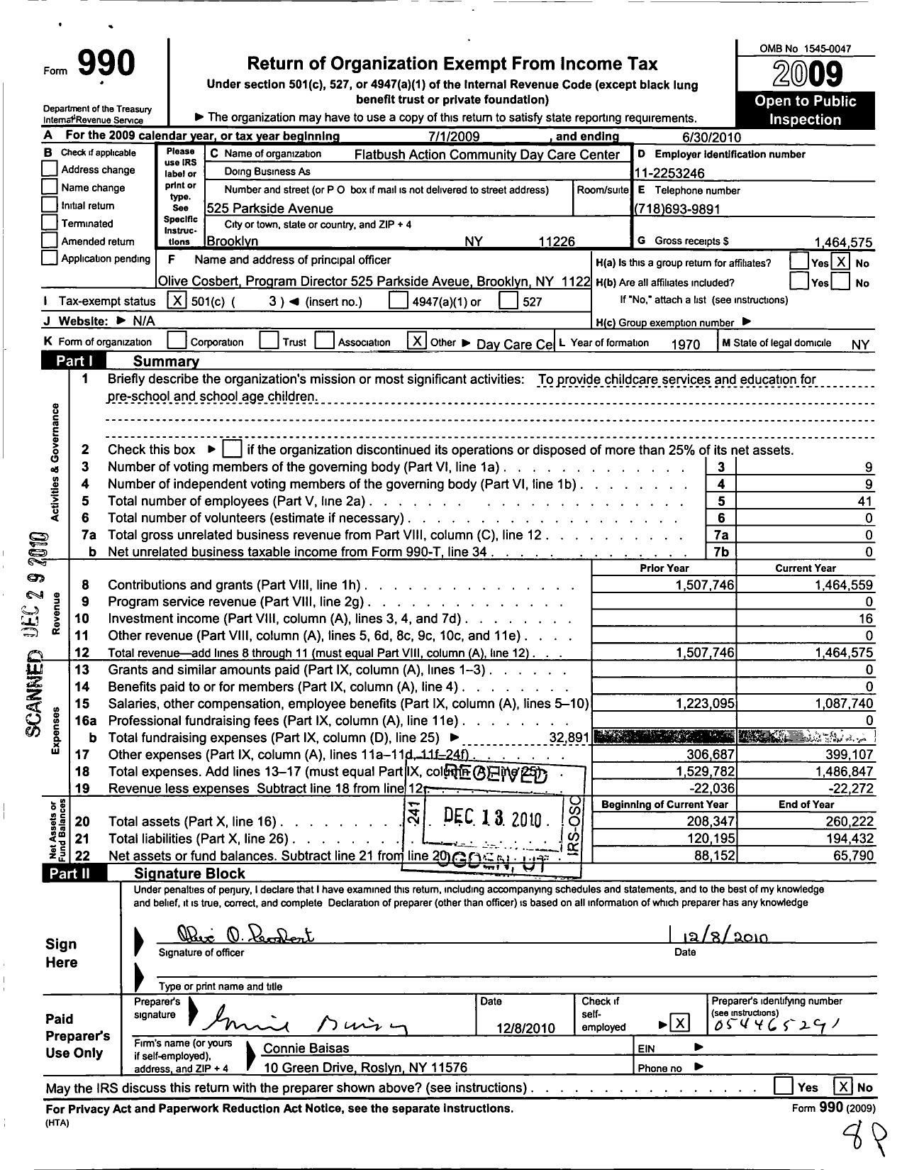 Image of first page of 2009 Form 990 for Flatbush Action Community Day Care Center