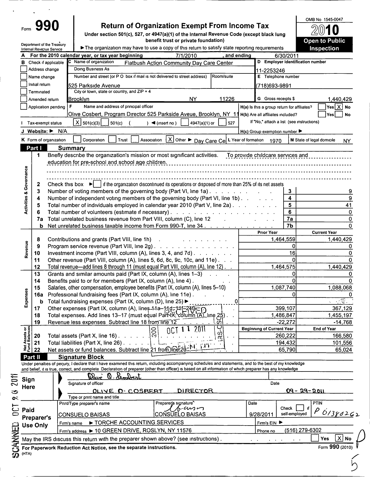 Image of first page of 2010 Form 990 for Flatbush Action Community Day Care Center