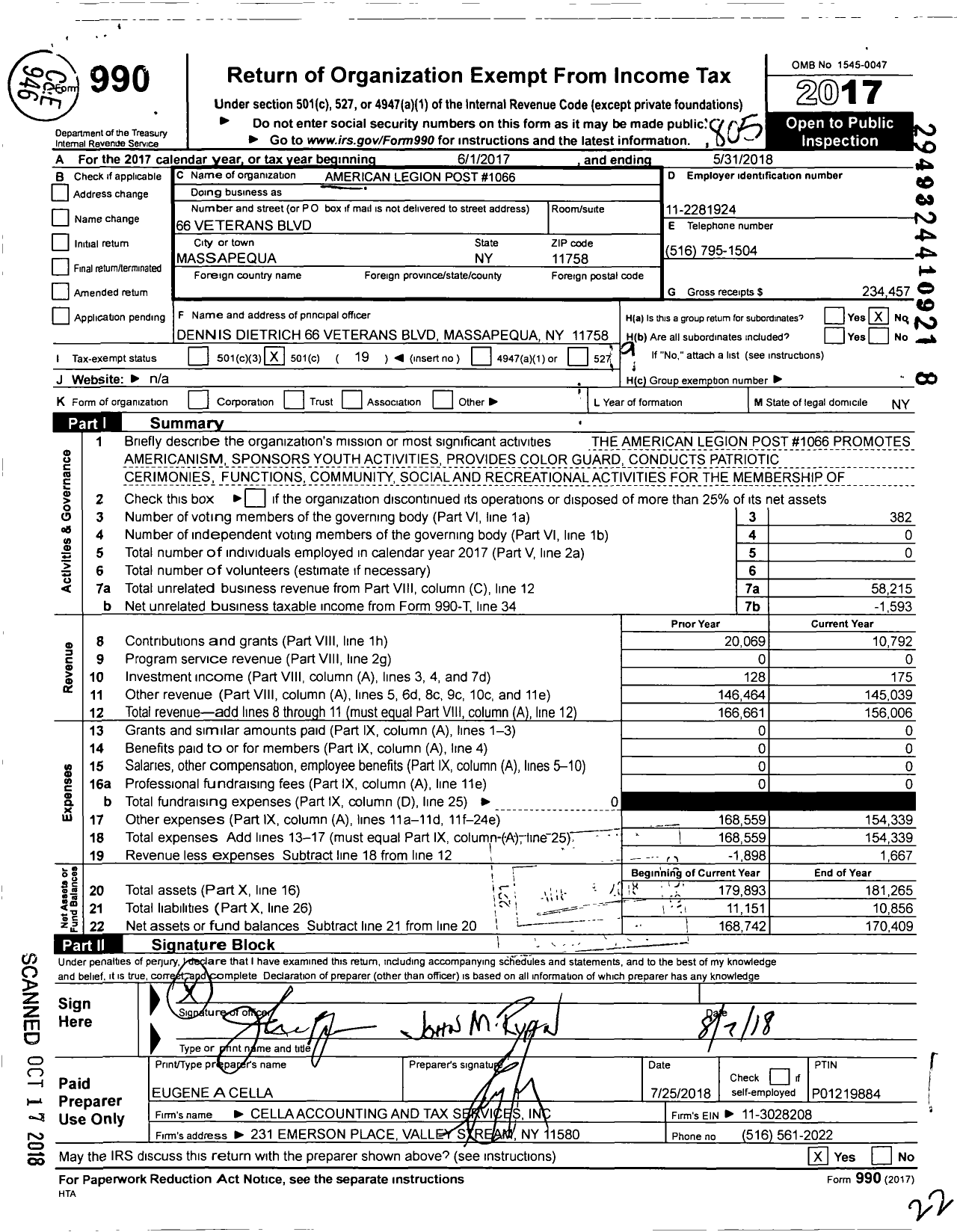 Image of first page of 2017 Form 990O for American Legion - 1066 Massapequa