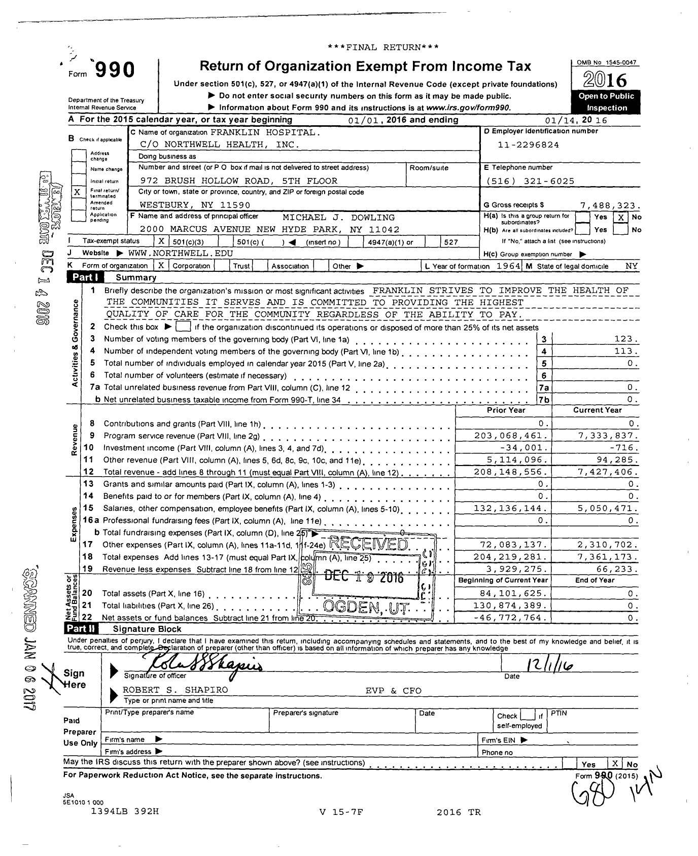 Image of first page of 2015 Form 990 for Franklin Hospital