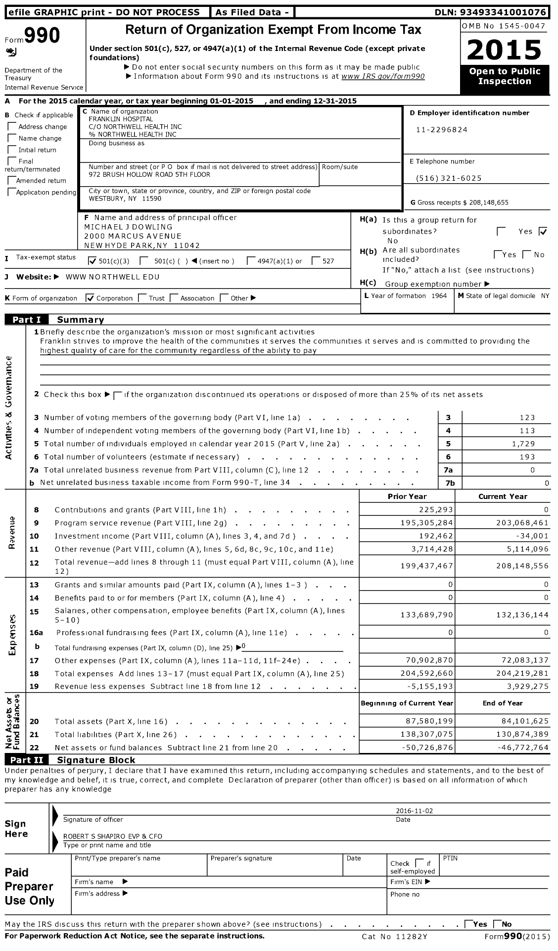 Image of first page of 2015 Form 990 for Franklin Hospital