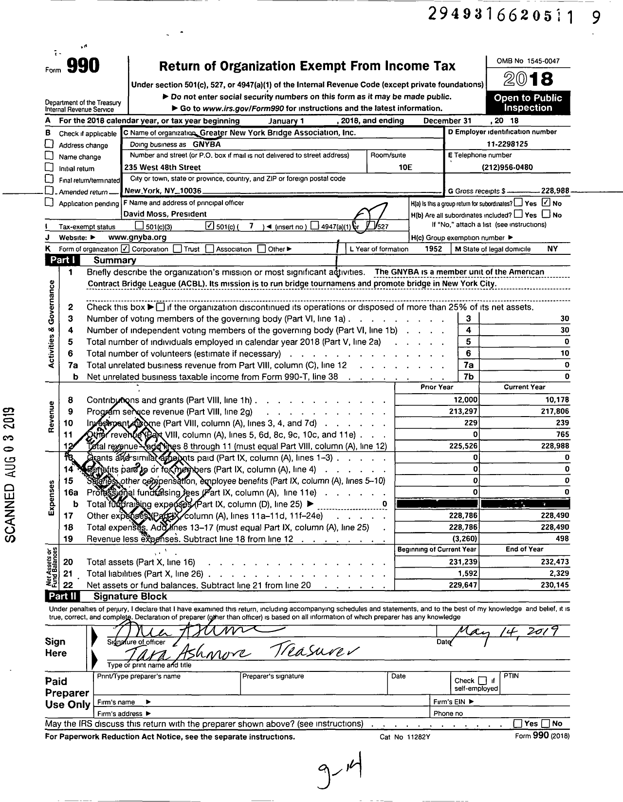 Image of first page of 2018 Form 990O for Greater New York Bridge Association (GNYBA)