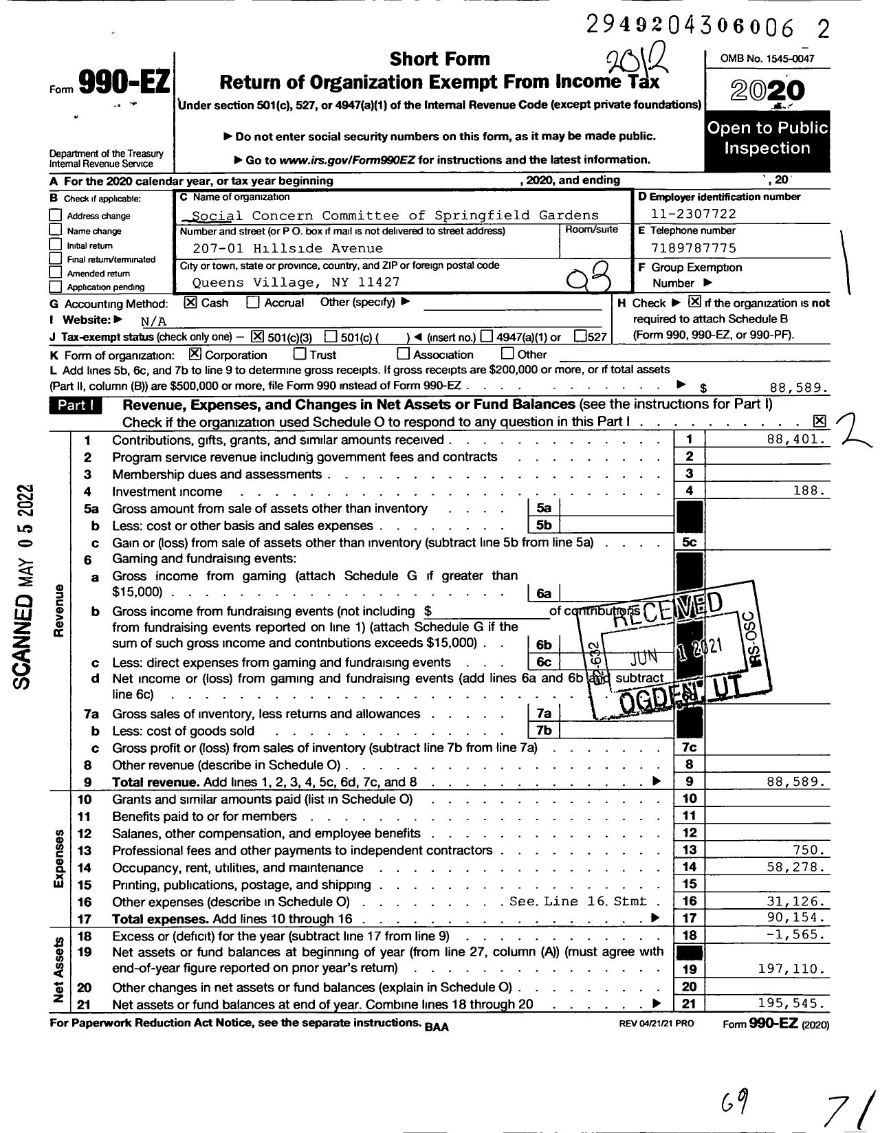 Image of first page of 2020 Form 990EZ for Social Concern Committee of Springfield Gardens