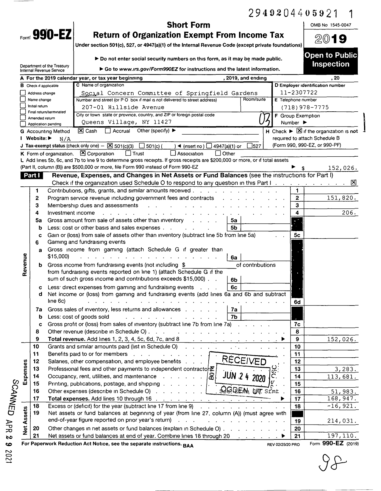 Image of first page of 2019 Form 990EZ for Social Concern Committee of Springfield Gardens