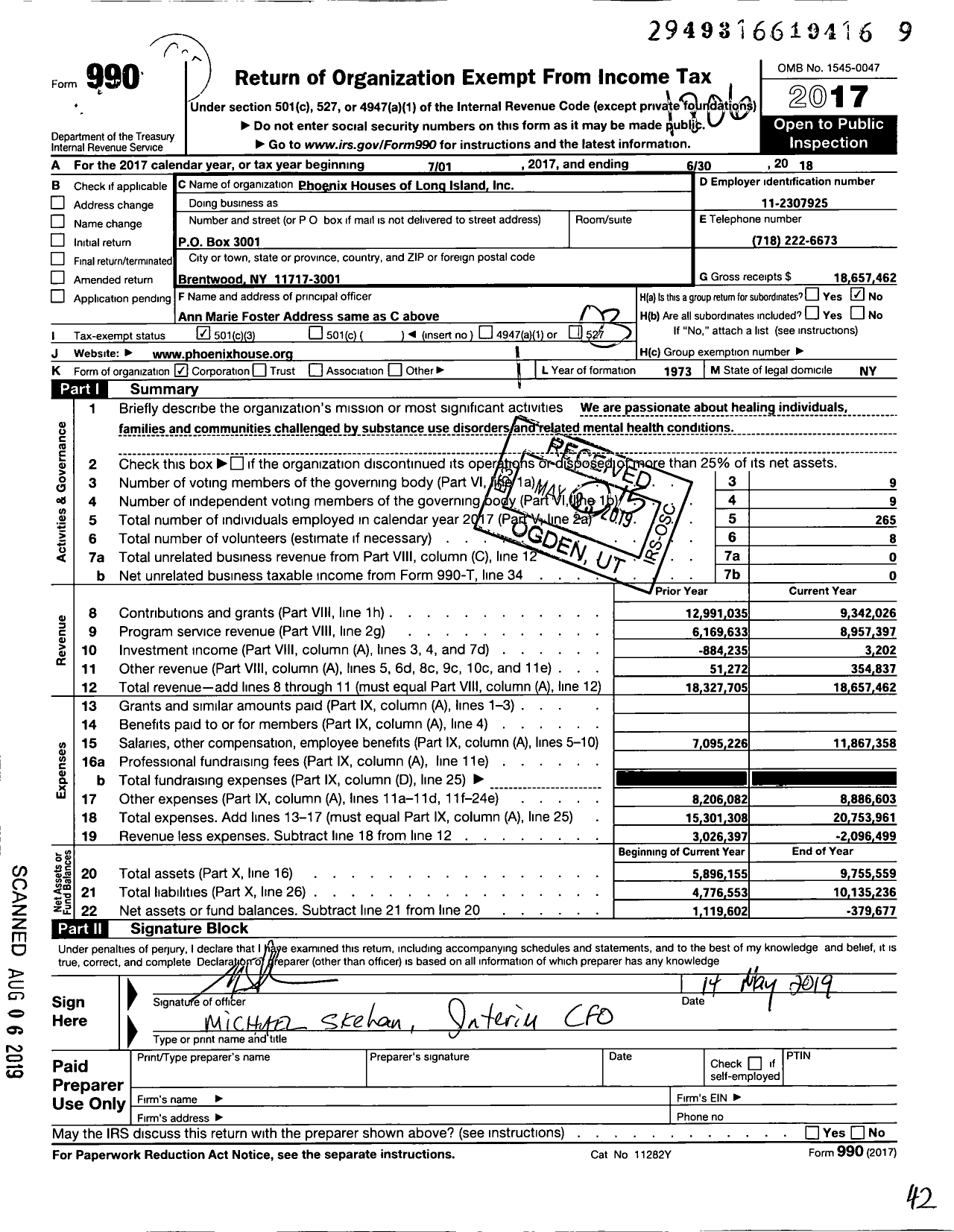 Image of first page of 2017 Form 990 for Phoenix Houses of Long Island