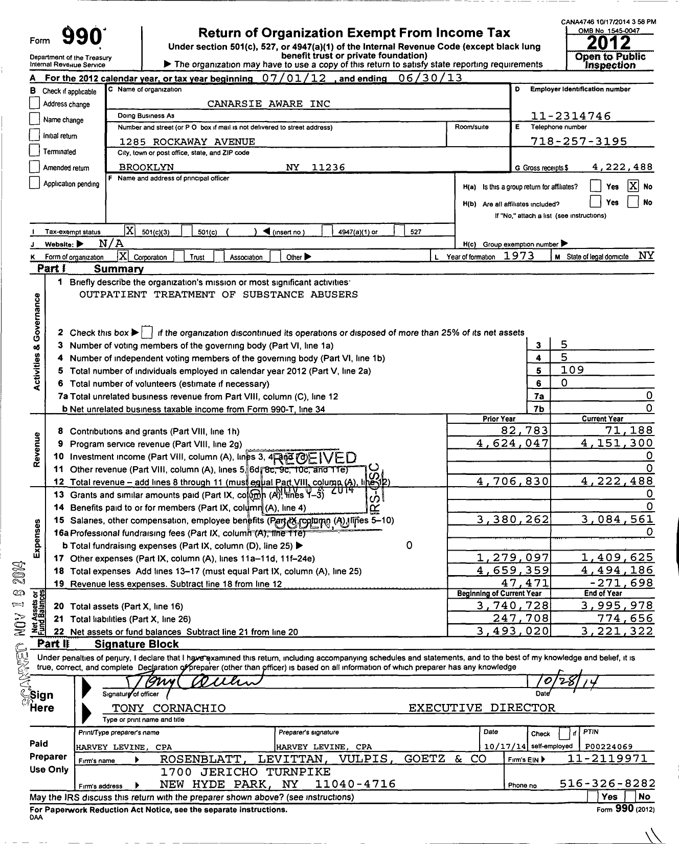 Image of first page of 2012 Form 990 for Canarsie Aware