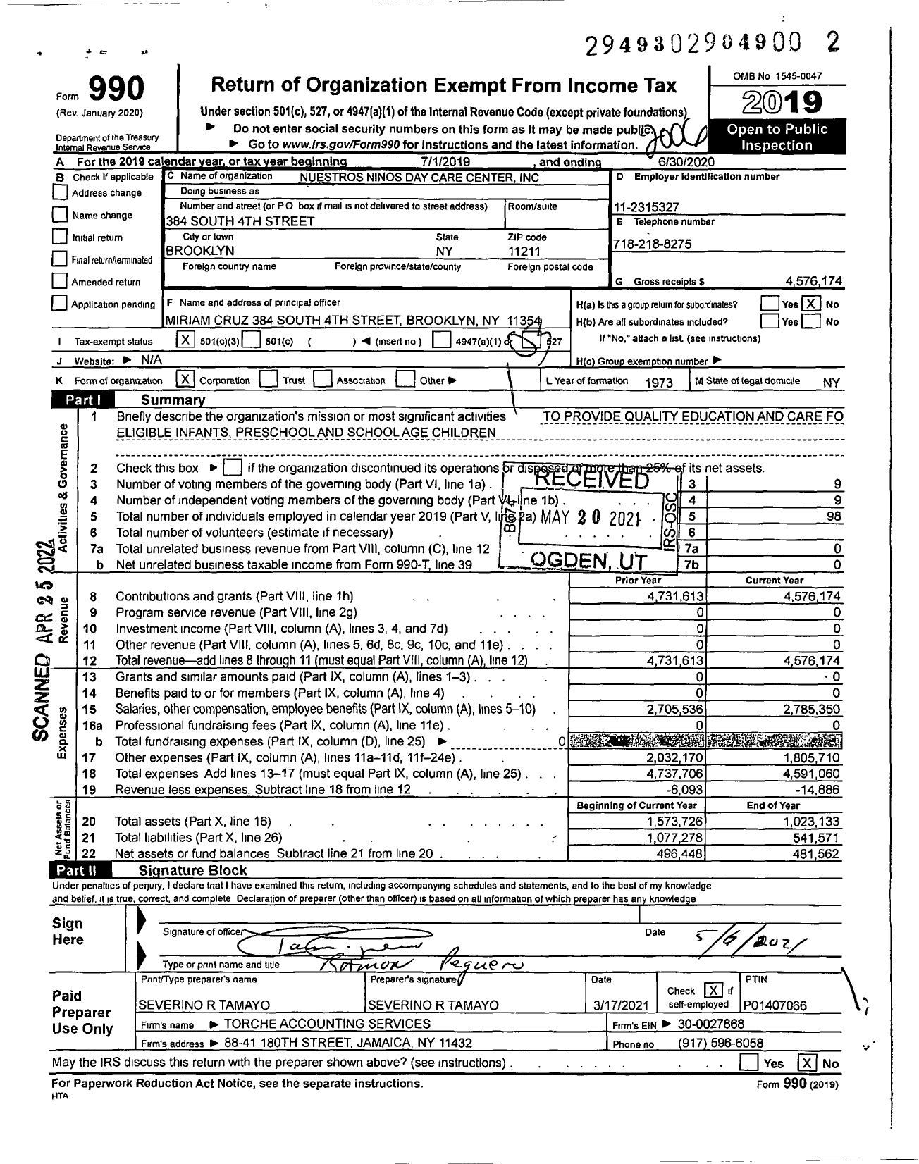 Image of first page of 2019 Form 990 for Nuestros Ninos Day Care Center