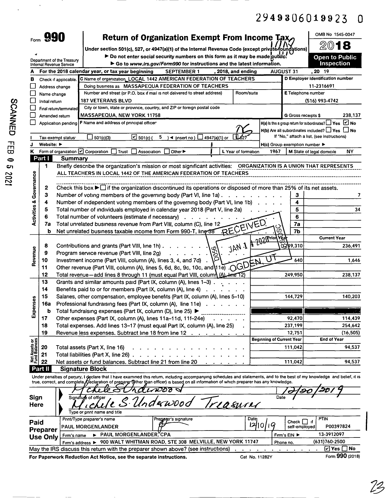 Image of first page of 2018 Form 990O for American Federation of Teachers - Local 1442 American Federation of Teachers