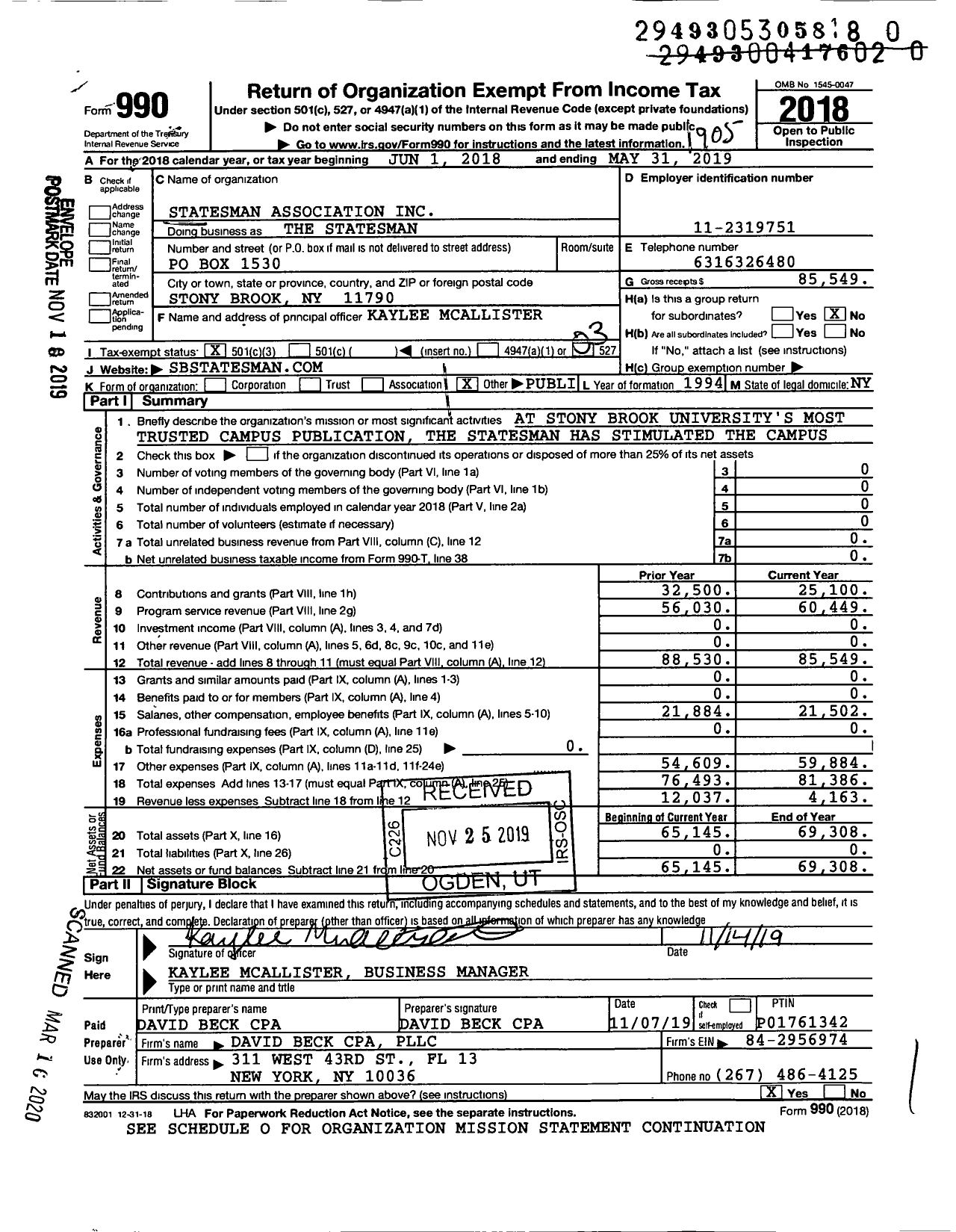 Image of first page of 2018 Form 990 for Statesman Association Inc The Statesman