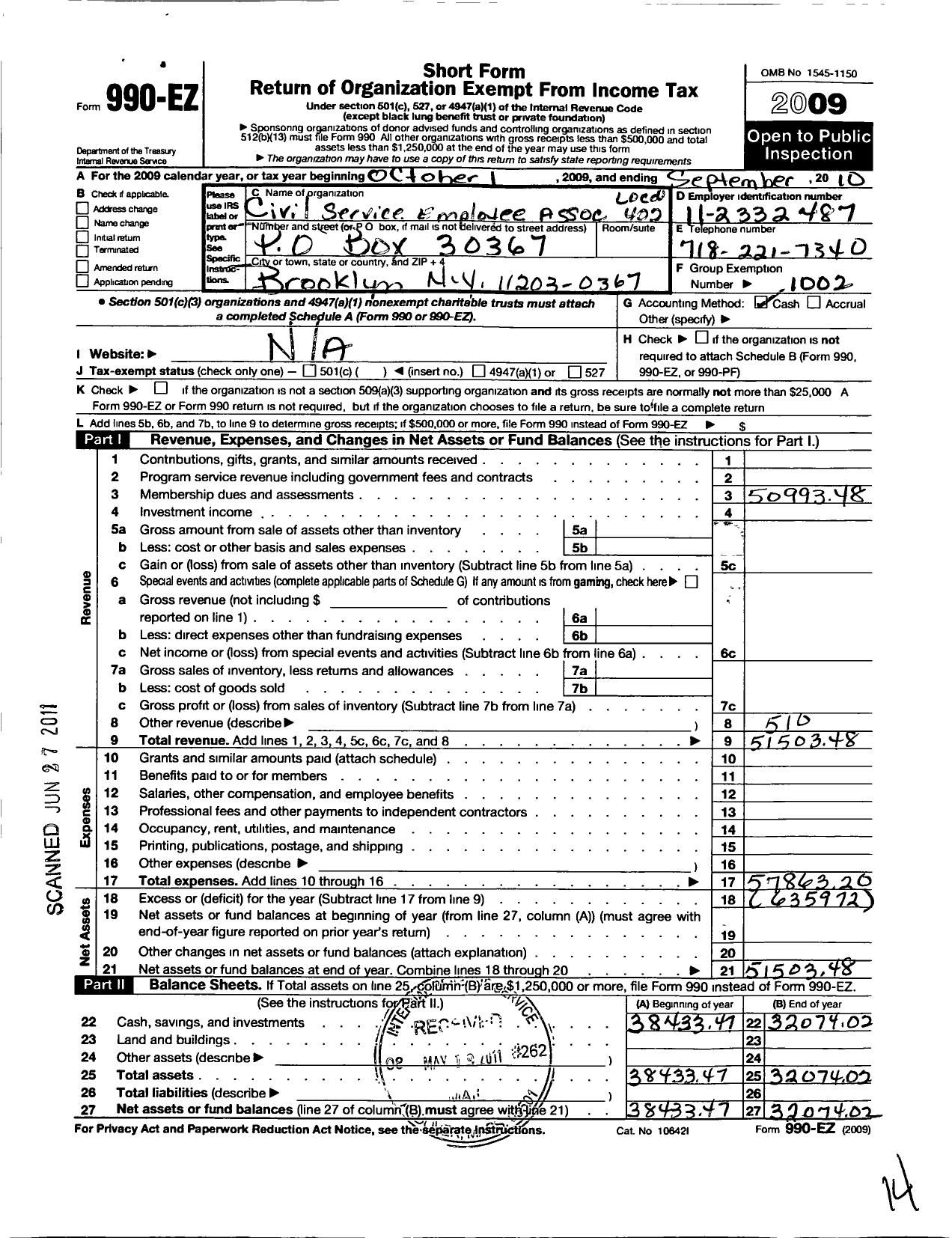 Image of first page of 2009 Form 990EO for Civil Service Employees Association - 0402 Kingsboro Psych CNTR Brooklyn