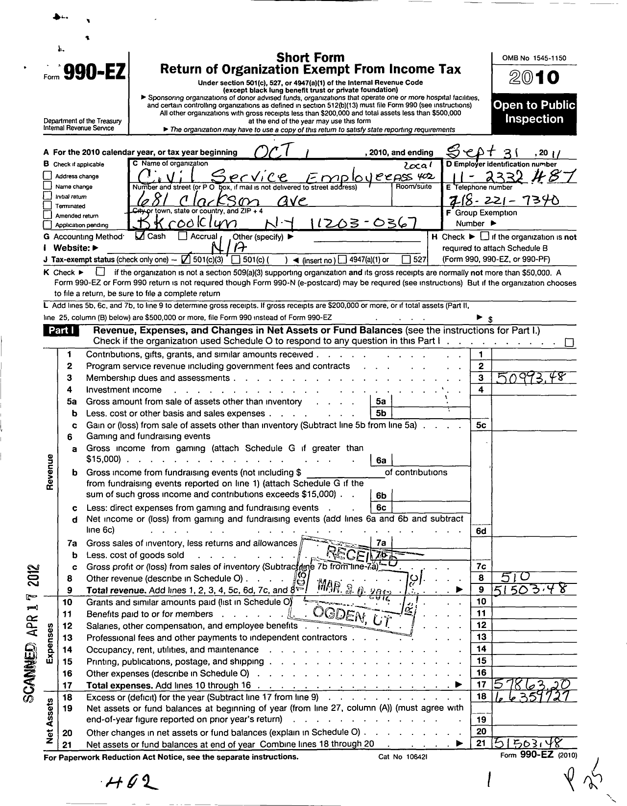 Image of first page of 2010 Form 990EZ for Civil Service Employees Association - 0402 Kingsboro Psych CNTR Brooklyn