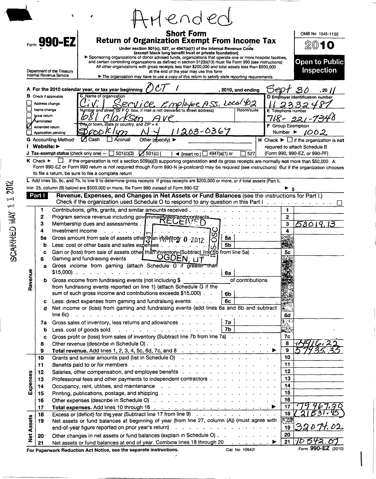 Image of first page of 2010 Form 990EO for Civil Service Employees Association - 0402 Kingsboro Psych CNTR Brooklyn