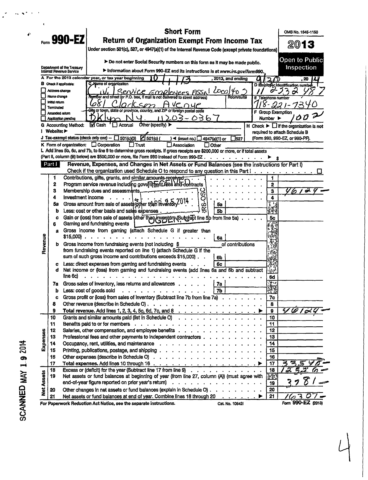 Image of first page of 2013 Form 990EO for Civil Service Employees Association - 0402 Kingsboro Psych CNTR Brooklyn