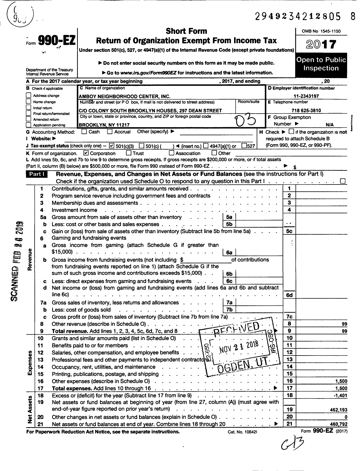 Image of first page of 2017 Form 990EZ for Amboy Neighborhood Center