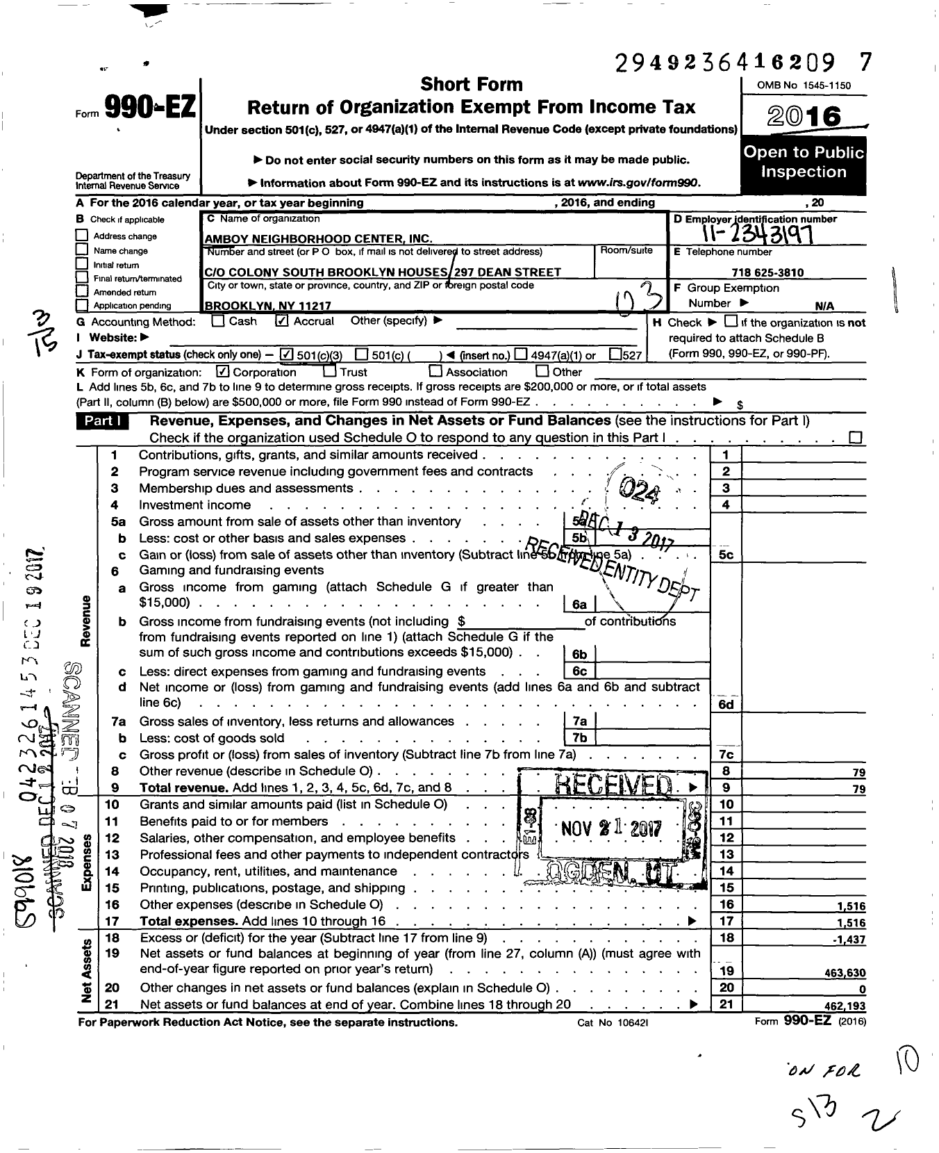 Image of first page of 2016 Form 990EZ for Amboy Neighborhood Center