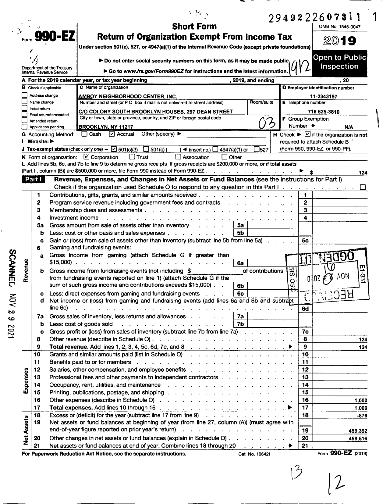 Image of first page of 2019 Form 990EZ for Amboy Neighborhood Center