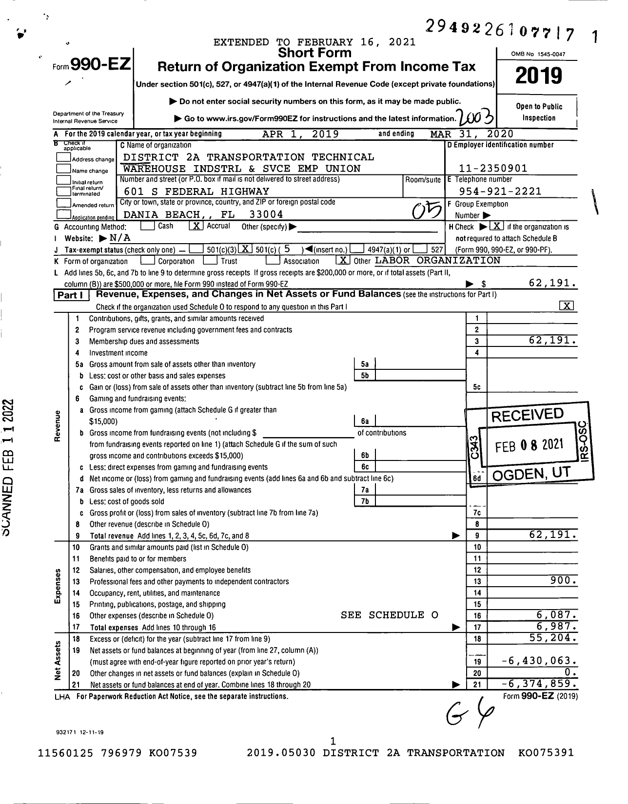 Image of first page of 2019 Form 990EO for District 2a Transportation Technical Warehouse Indstrl and Svce Emp Union