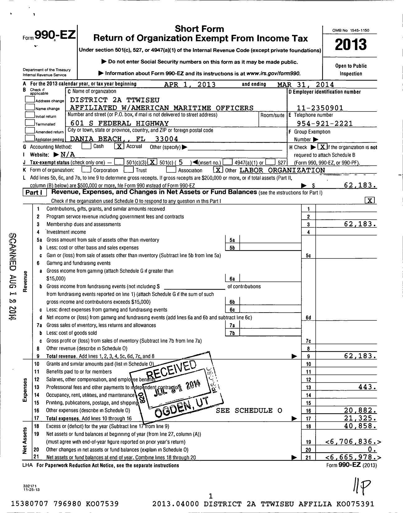 Image of first page of 2013 Form 990EO for District 2a Transportation Technical Warehouse Indstrl and Svce Emp Union