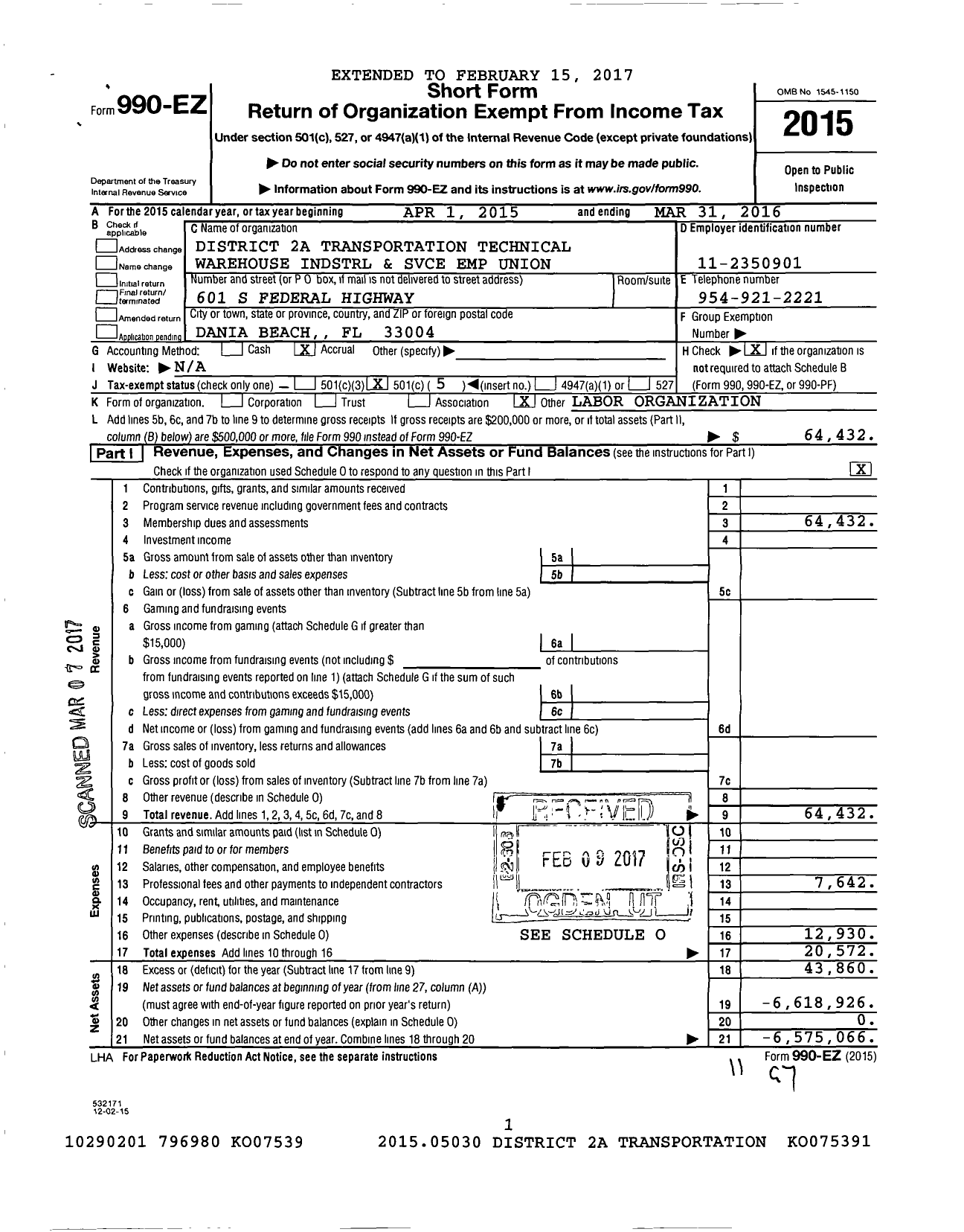 Image of first page of 2015 Form 990EO for District 2a Transportation Technical Warehouse Indstrl and Svce Emp Union