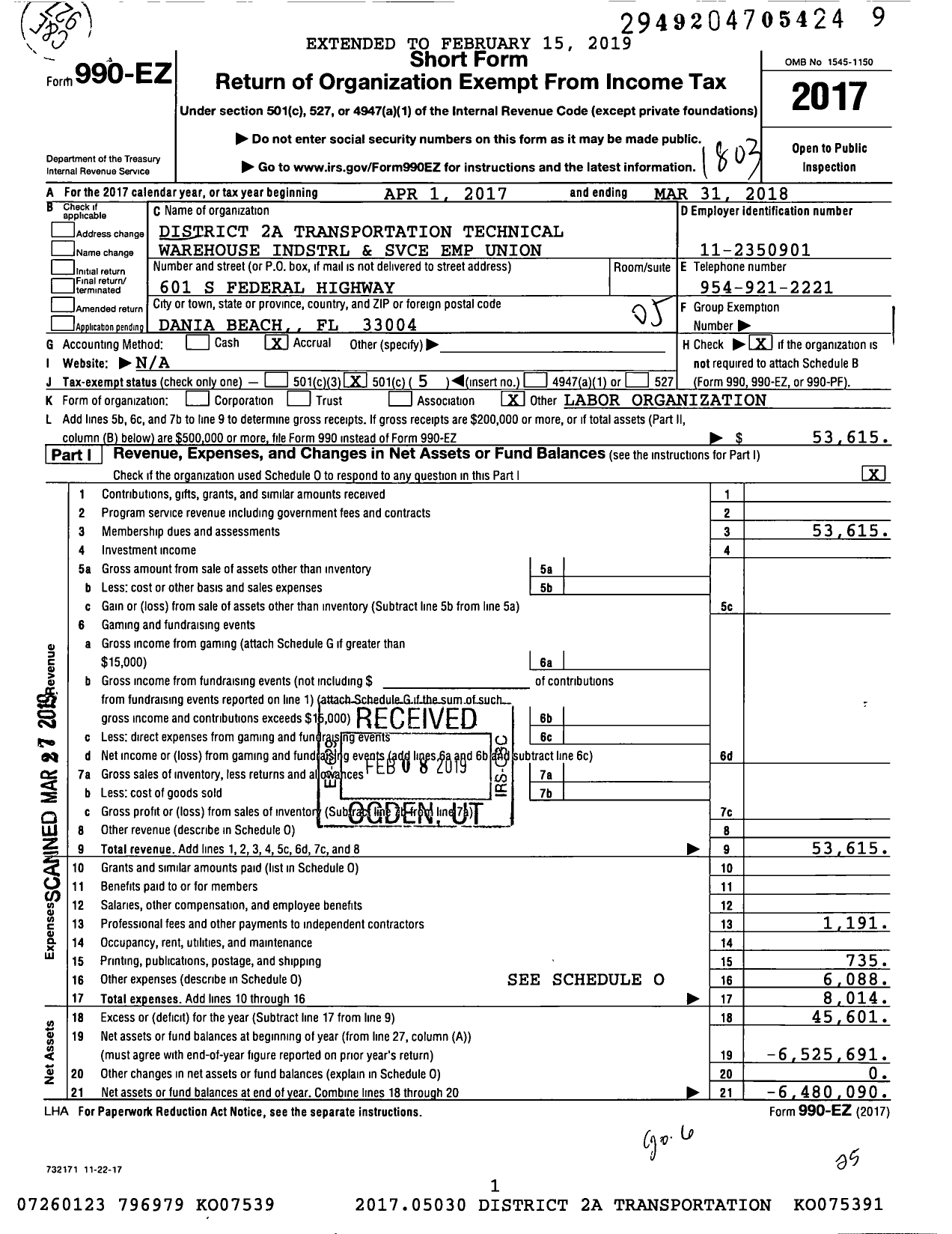 Image of first page of 2017 Form 990EO for District 2a Transportation Technical Warehouse Indstrl and Svce Emp Union