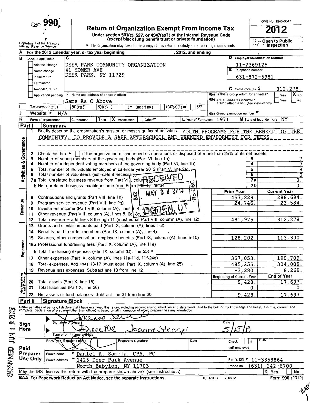 Image of first page of 2012 Form 990O for Deer Park Community Organization