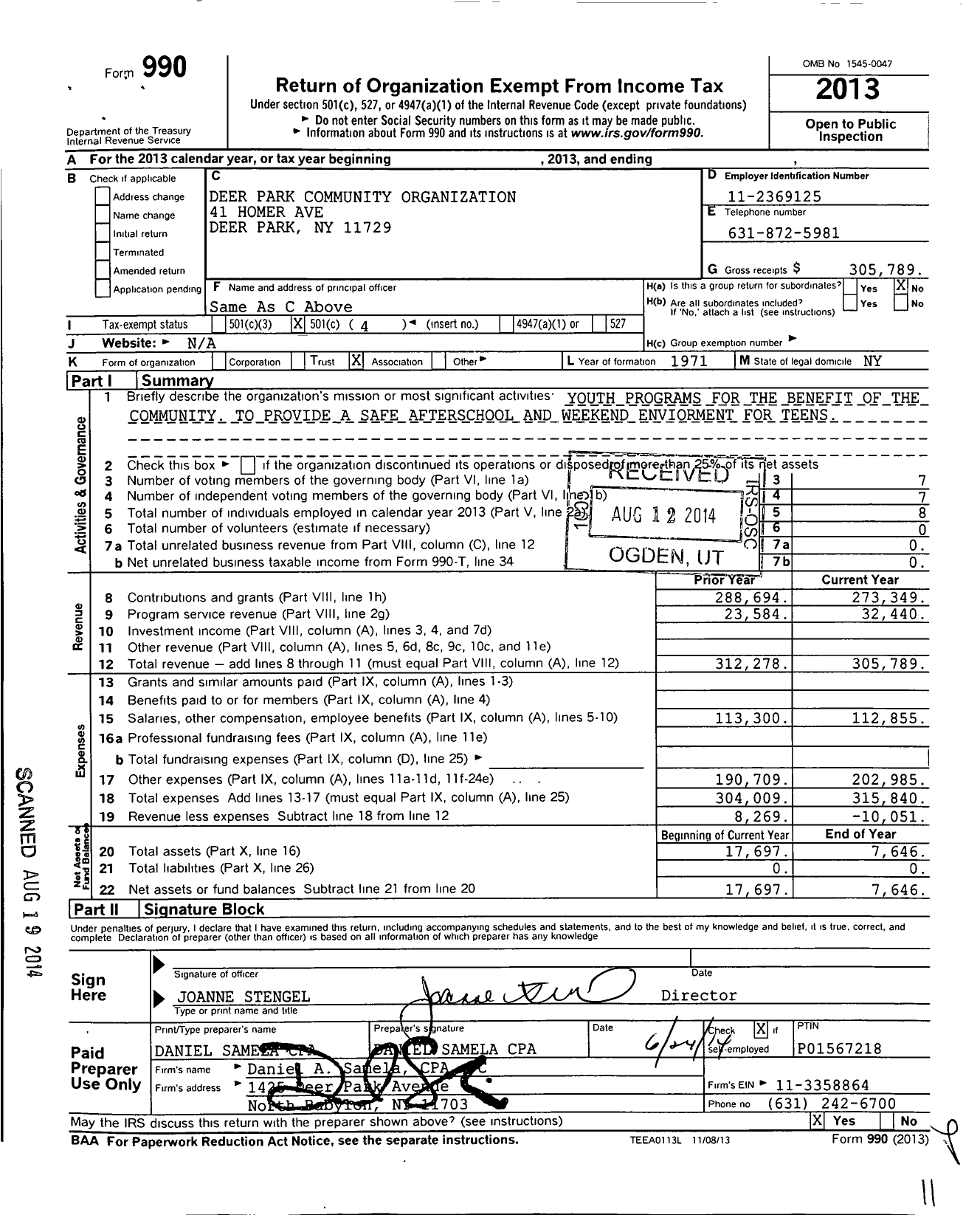 Image of first page of 2013 Form 990O for Deer Park Community Organization