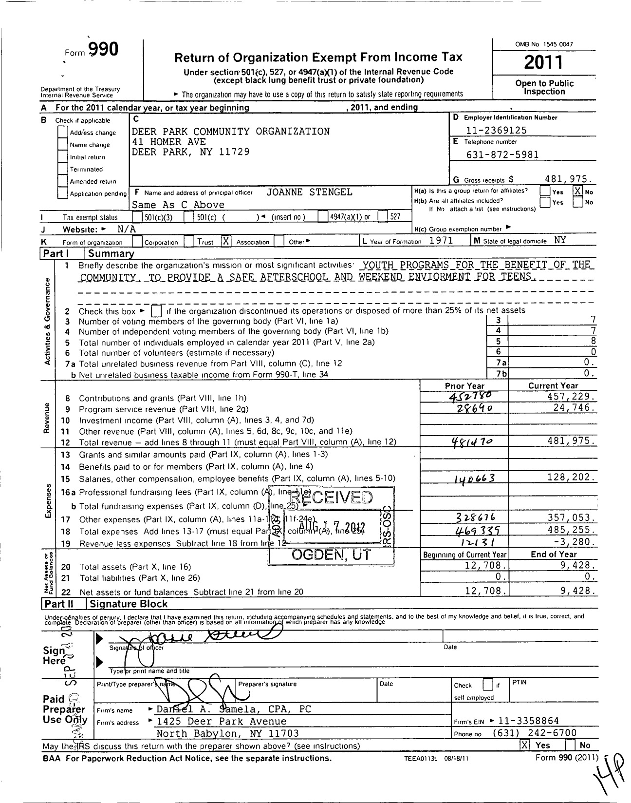 Image of first page of 2011 Form 990O for Deer Park Community Organization