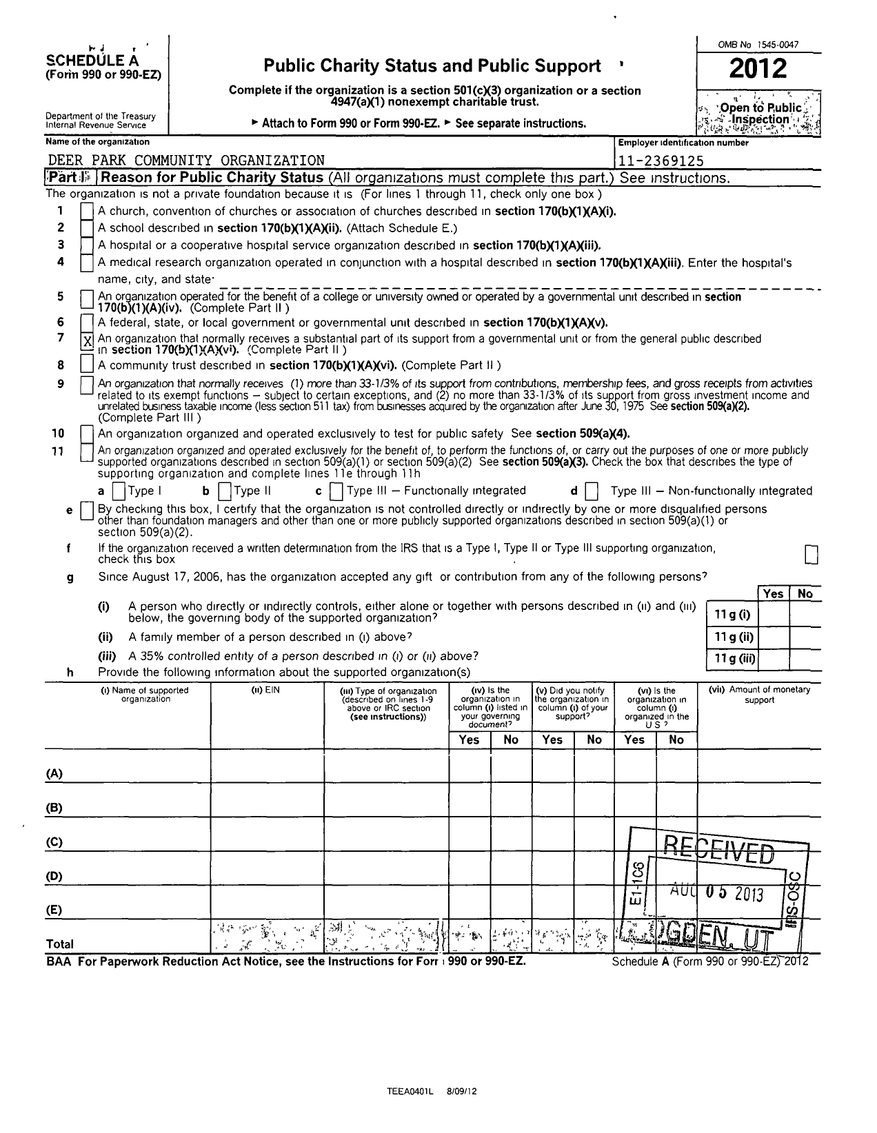 Image of first page of 2012 Form 990R for Deer Park Community Organization