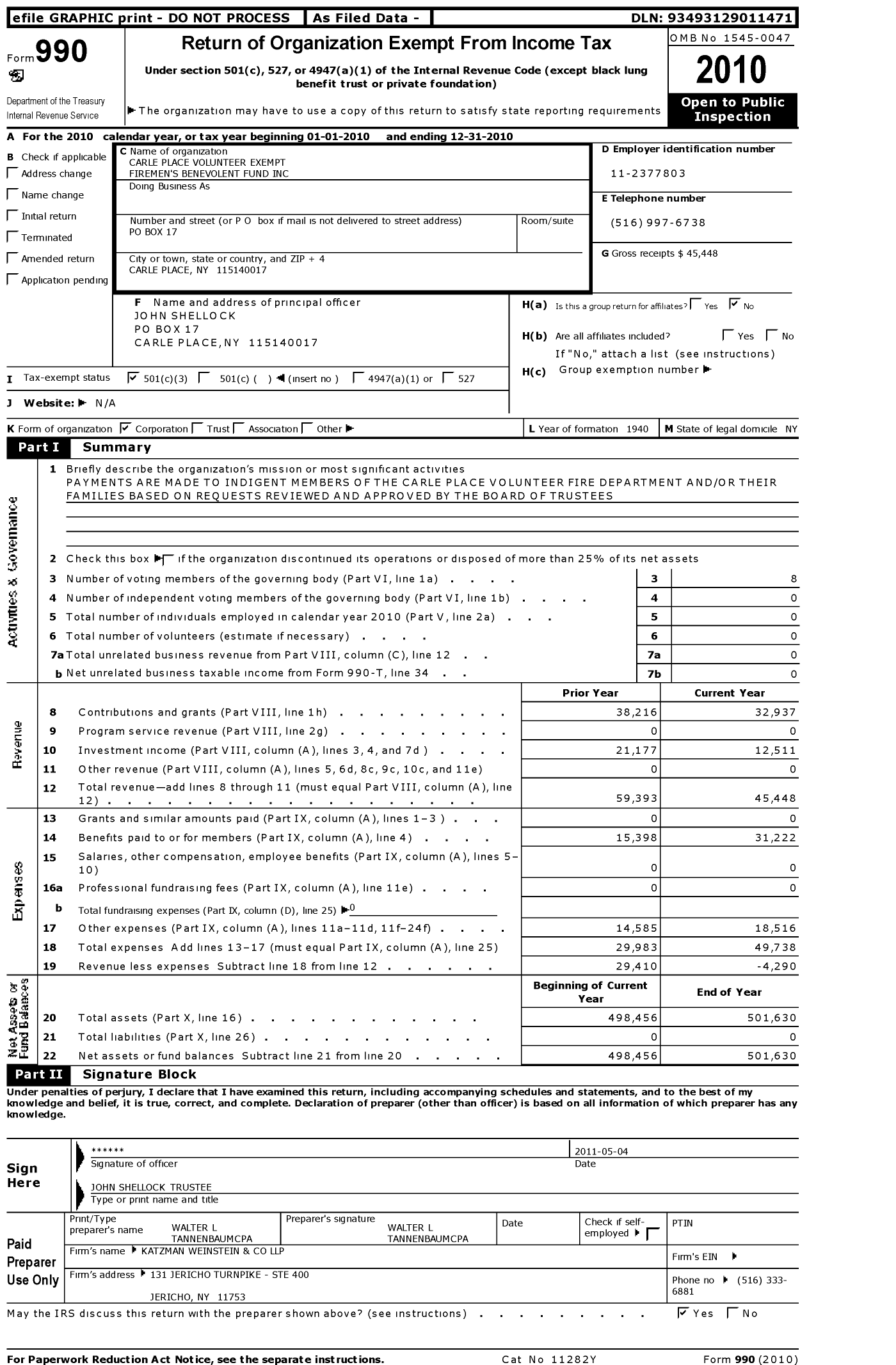 Image of first page of 2010 Form 990 for Volunteer and Exempt Firemans Benevolent Asso of Carle Nassau