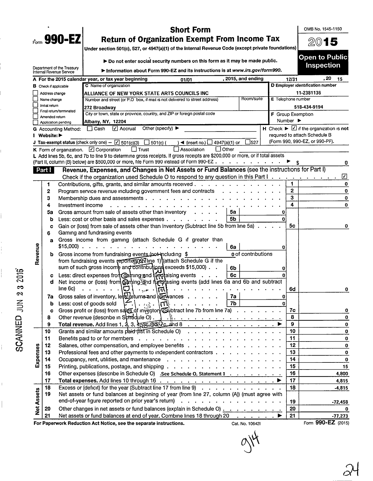 Image of first page of 2015 Form 990EZ for Alliance of New York State Arts Councils