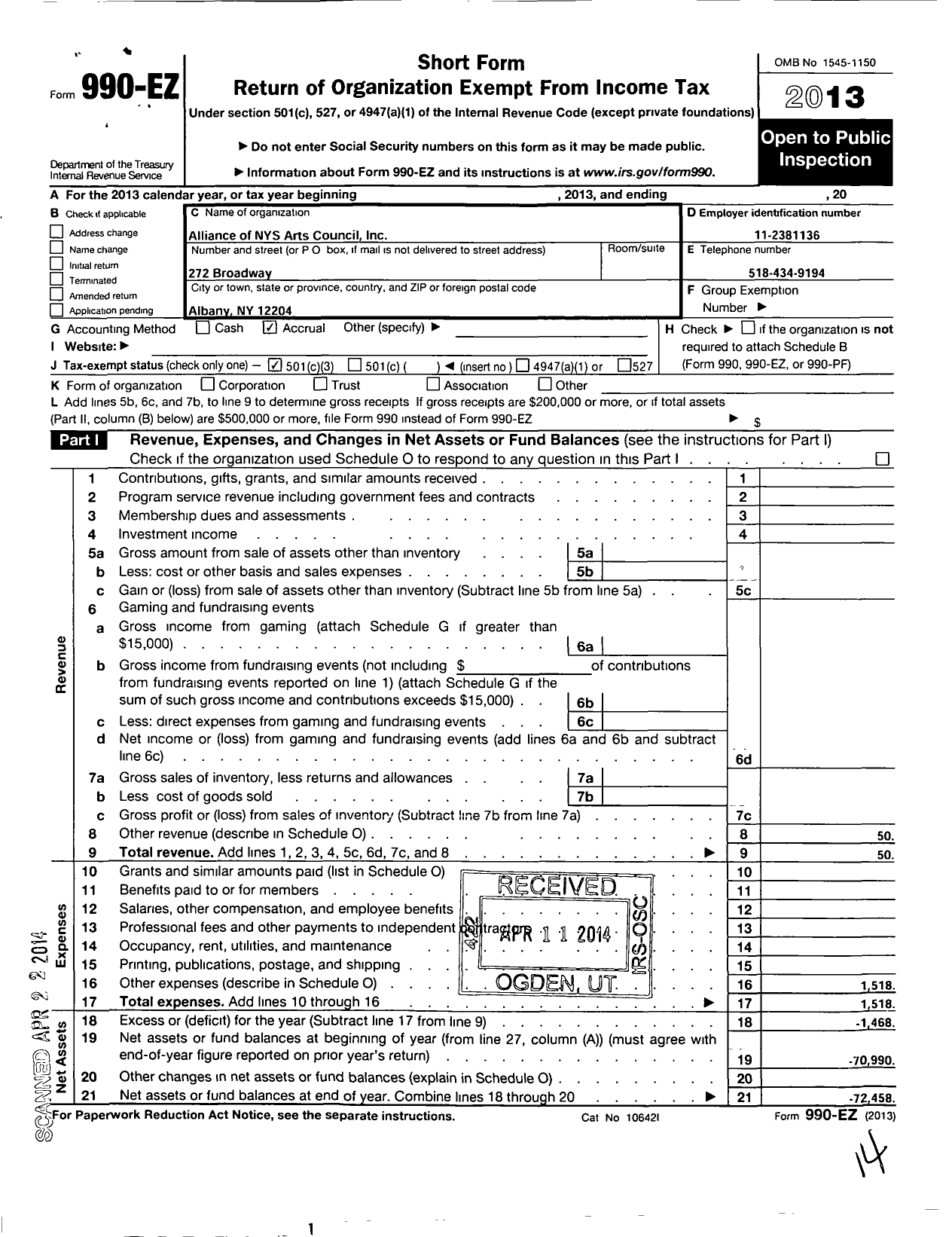 Image of first page of 2013 Form 990EZ for Alliance of New York State Arts Councils