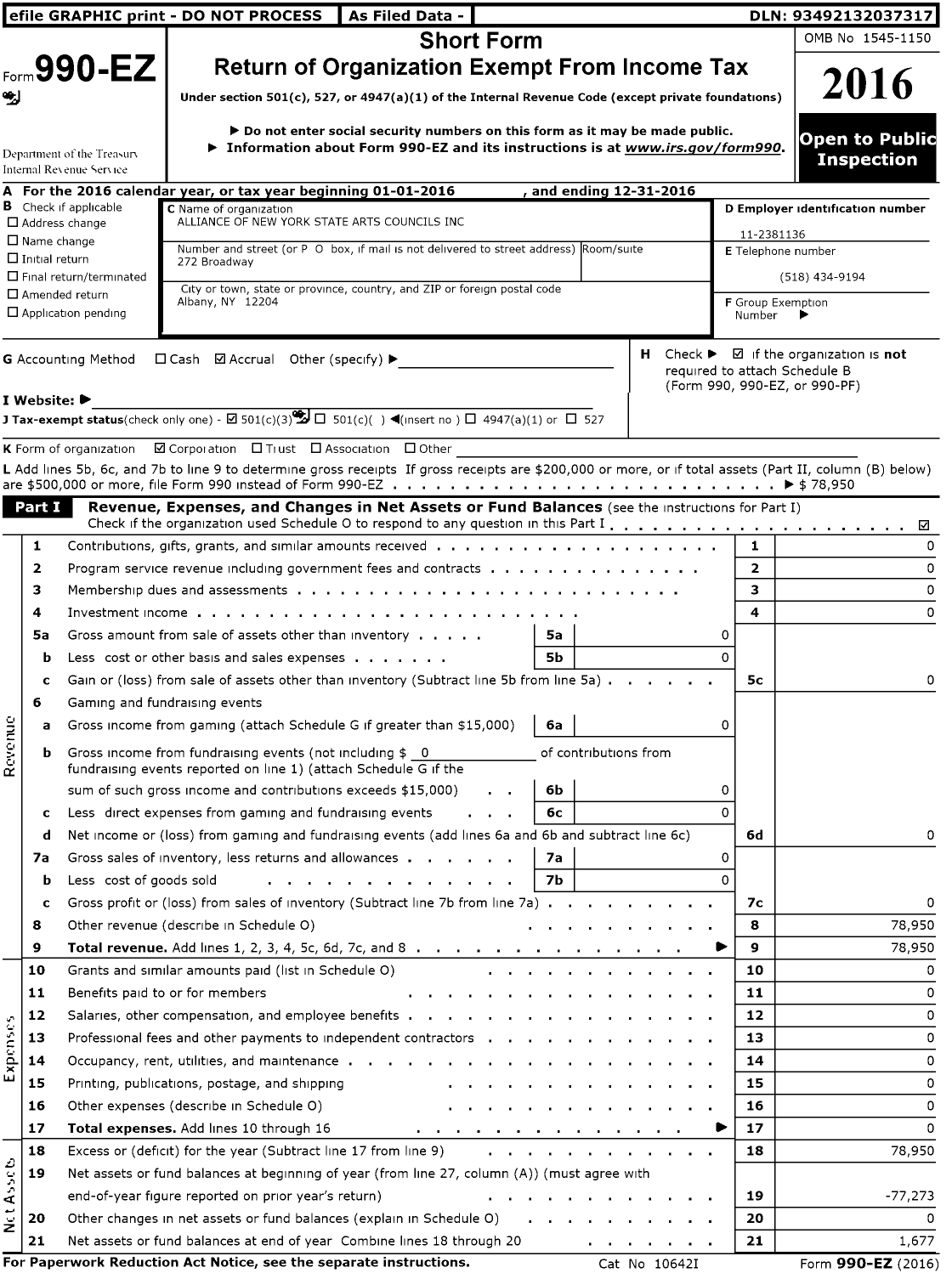 Image of first page of 2016 Form 990EZ for Alliance of New York State Arts Councils