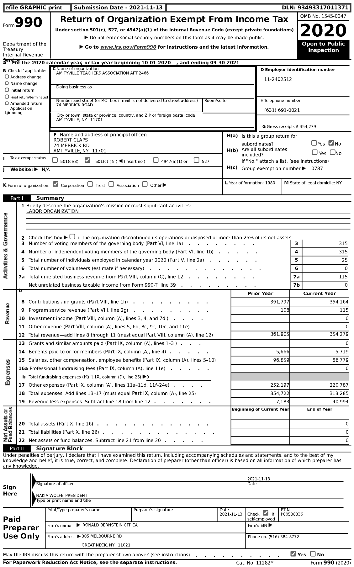 Image of first page of 2020 Form 990 for American Federation of Teachers - 2466 Amityville Teachers Associatio