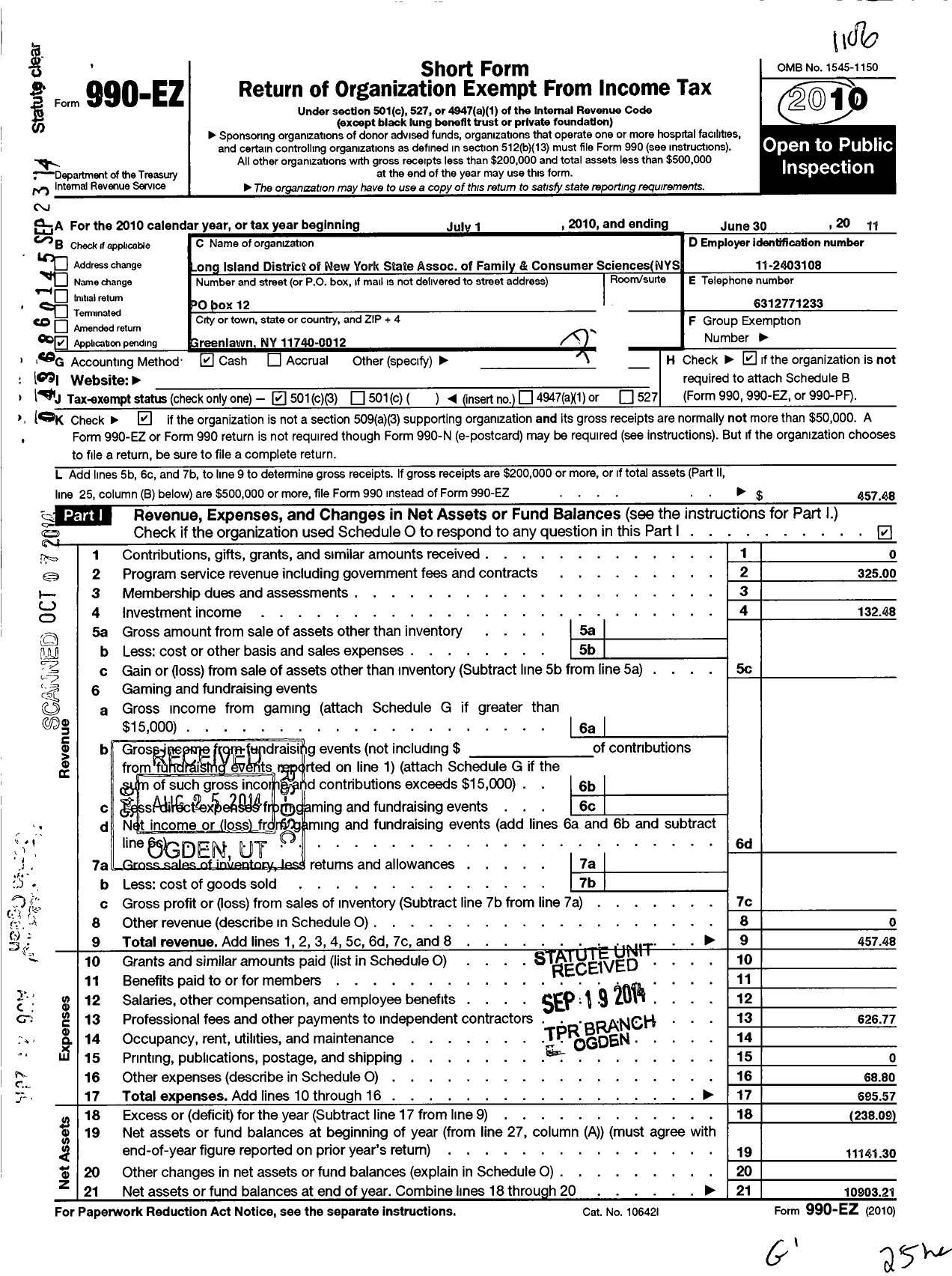 Image of first page of 2010 Form 990EZ for Long Island District of New York State Association of Family and Consumer Scie