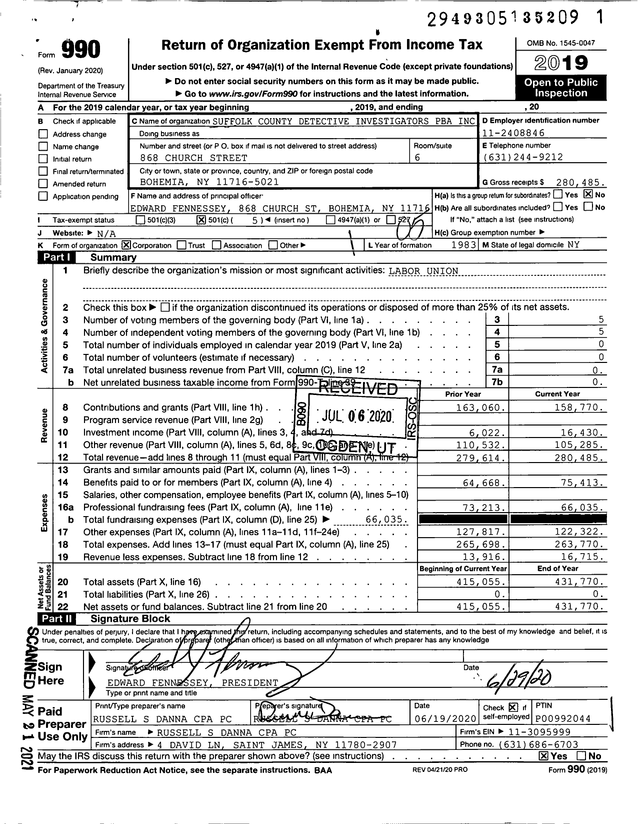 Image of first page of 2019 Form 990O for Suffolk County Detective Investigators Pba