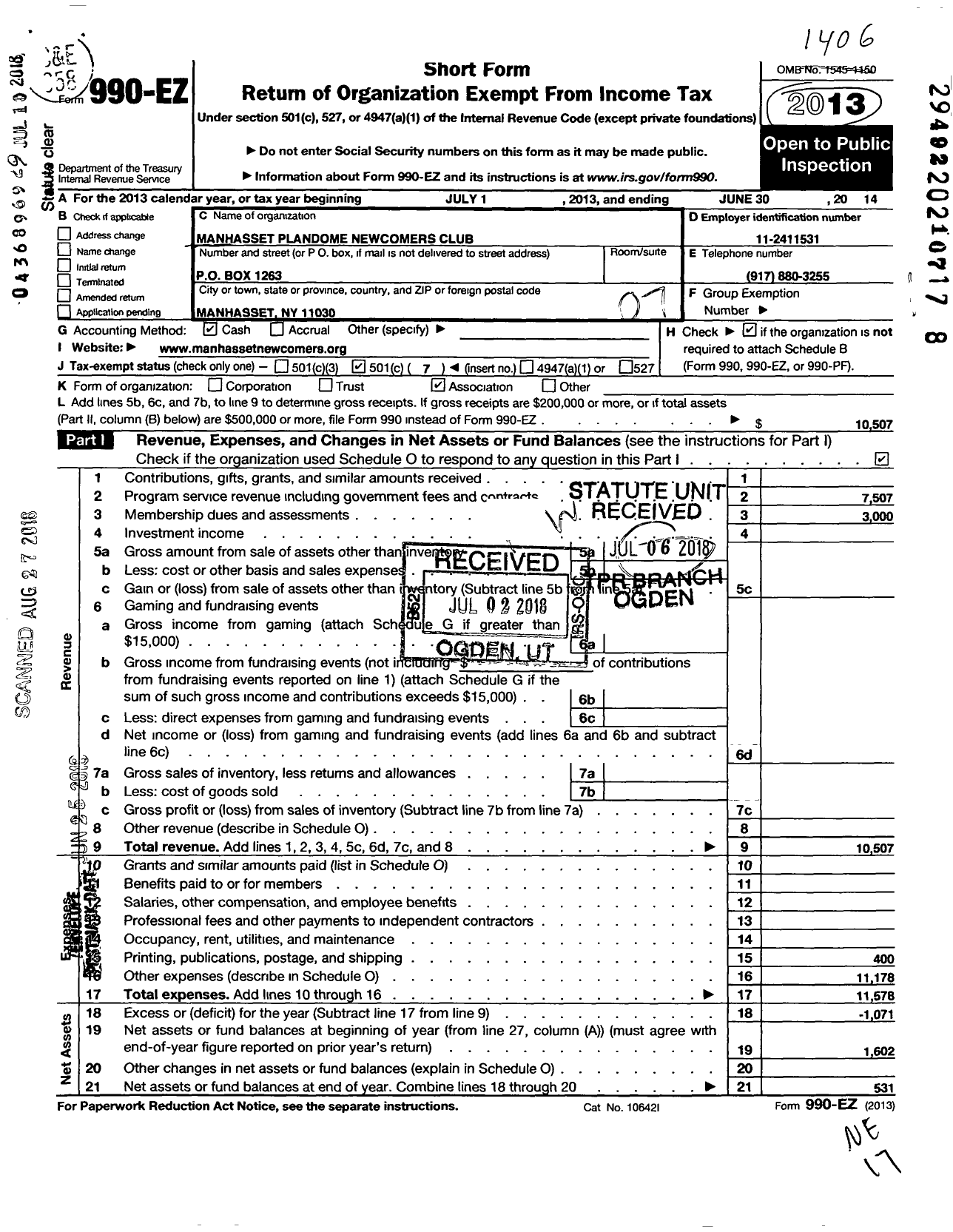 Image of first page of 2013 Form 990EO for Manhasset Plandome Newcomers Club