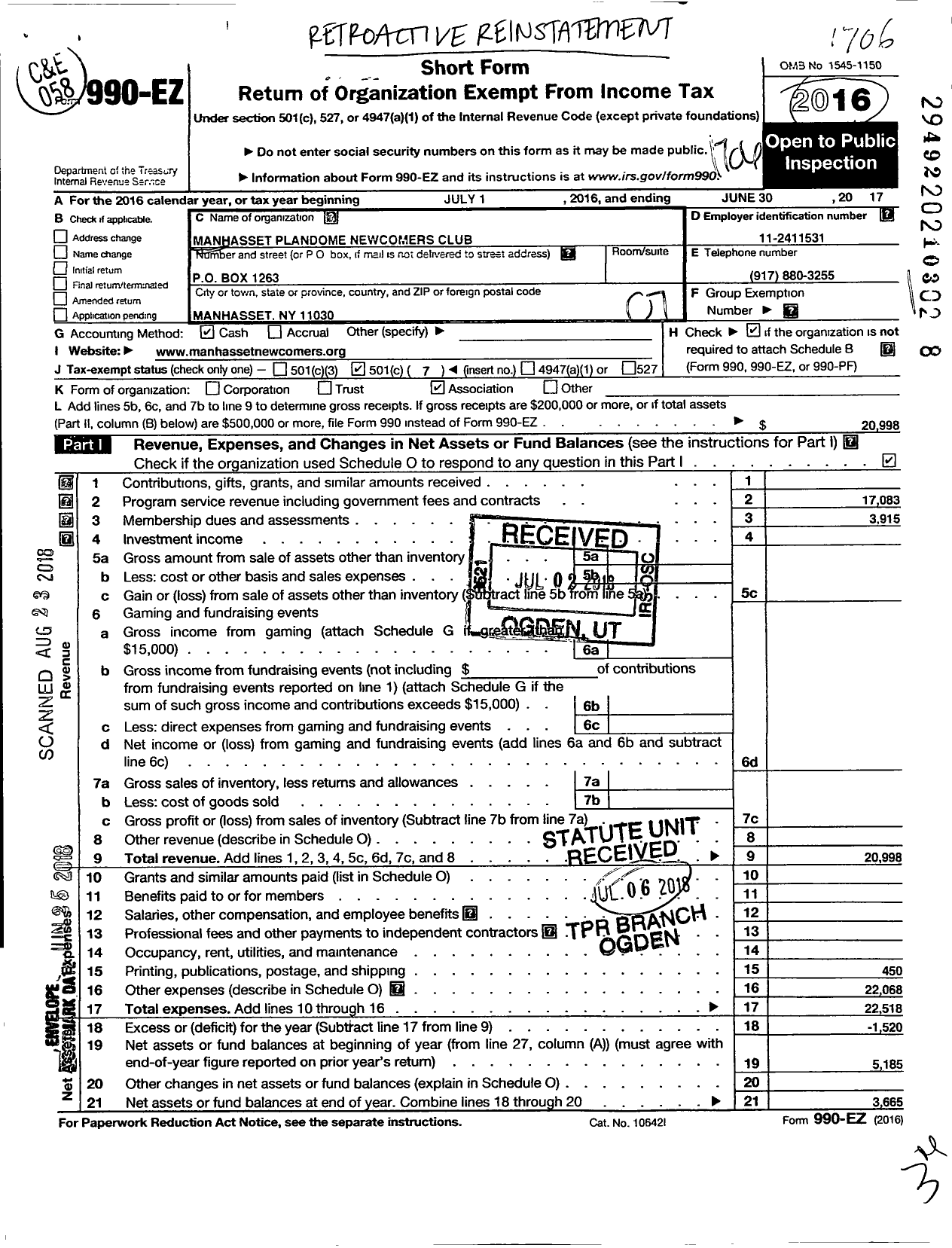 Image of first page of 2016 Form 990EO for Manhasset Plandome Newcomers Club