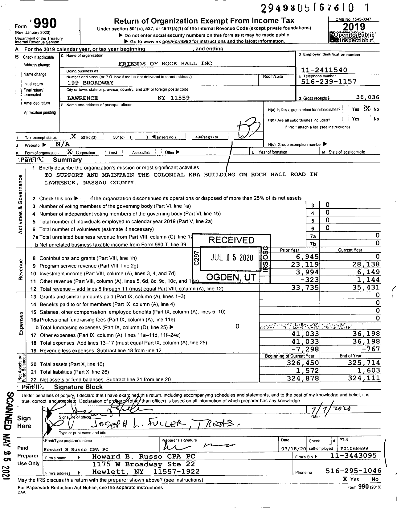 Image of first page of 2019 Form 990 for Friends of Rock Hall