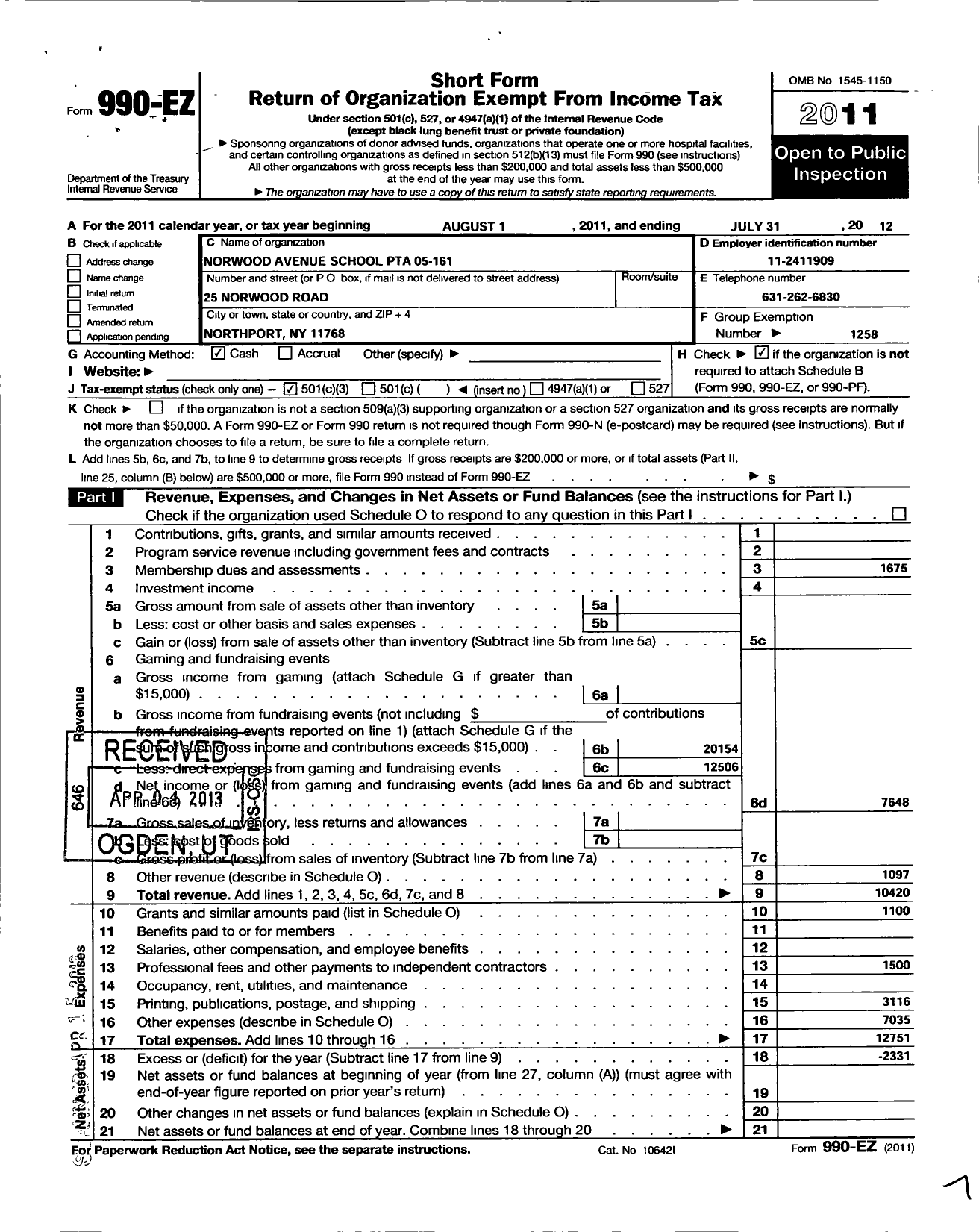 Image of first page of 2011 Form 990EZ for New York State PTA - 005-161 Norwood Avenue School PTA