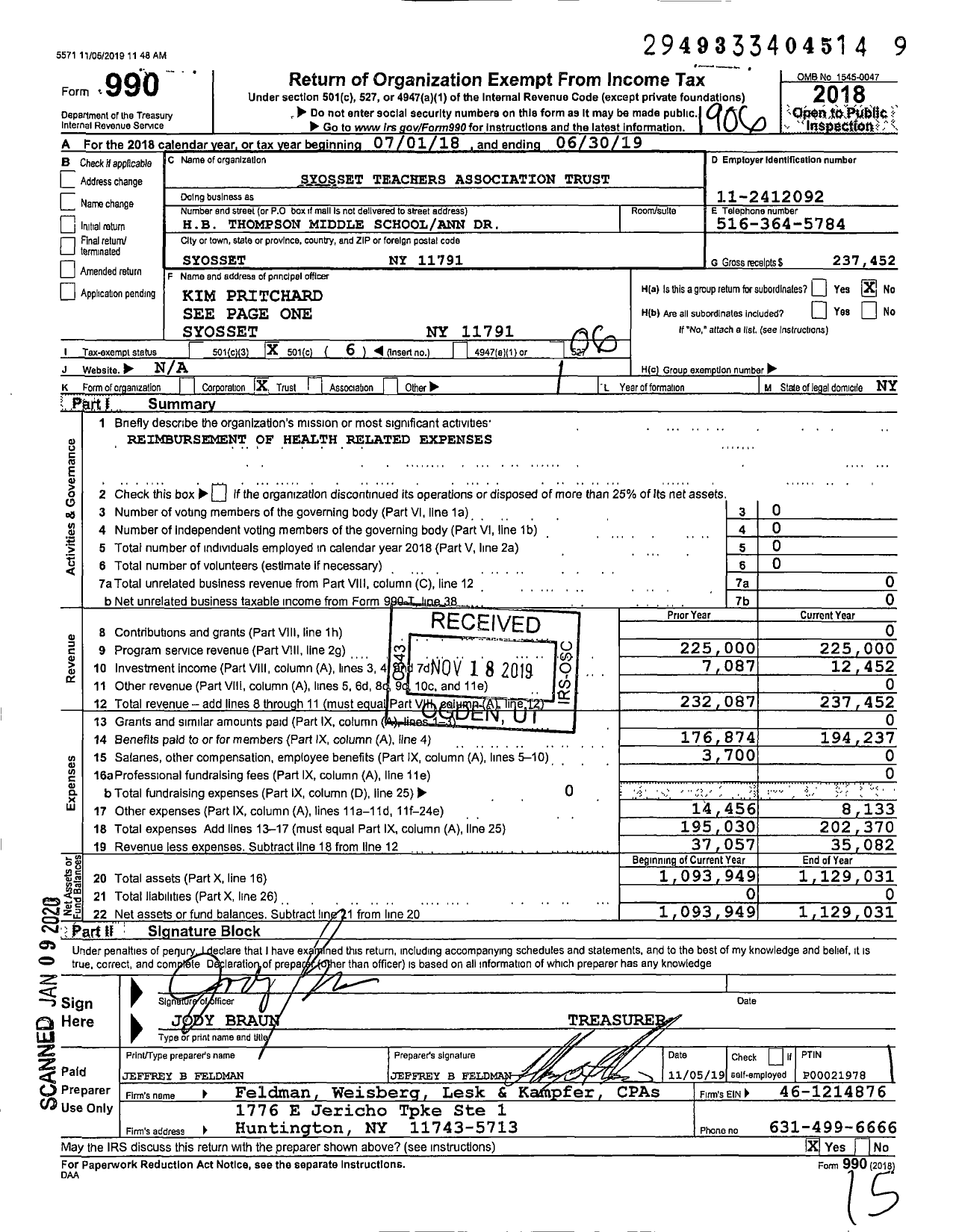 Image of first page of 2018 Form 990O for Syosset Teachers Association Trust