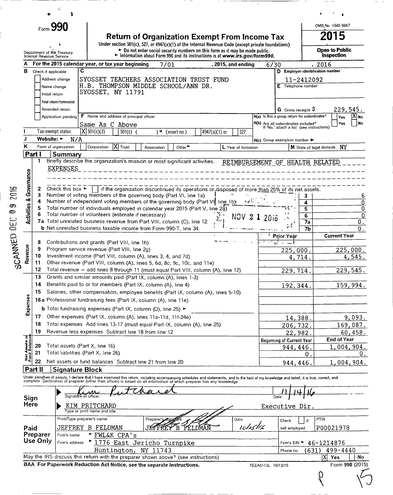 Image of first page of 2015 Form 990 for Syosset Teachers Association Trust