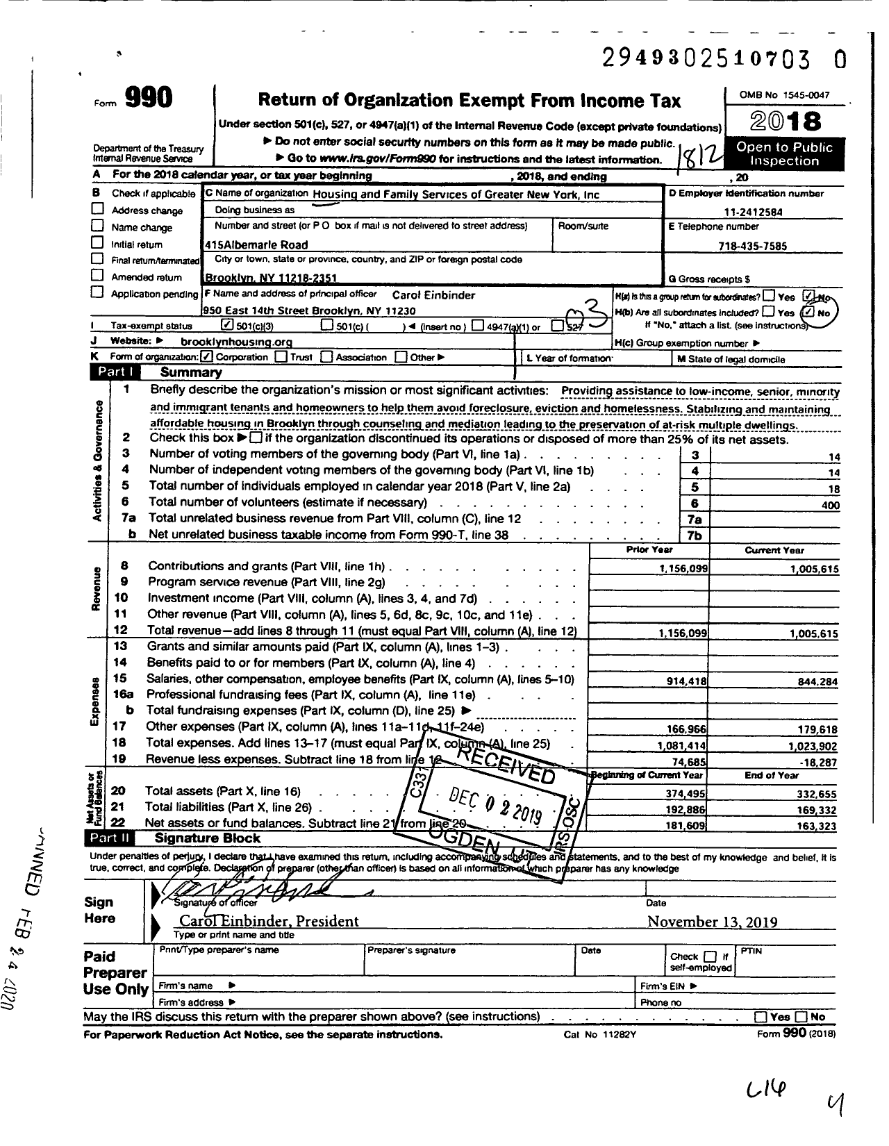 Image of first page of 2018 Form 990 for Housing and Family Services of Greater New York