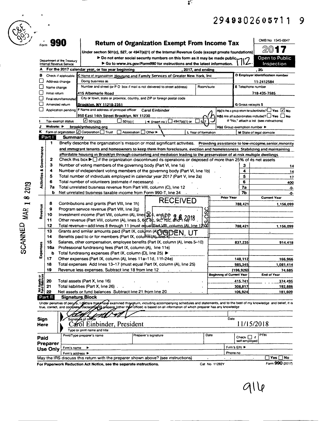 Image of first page of 2017 Form 990 for Housing and Family Services of Greater New York