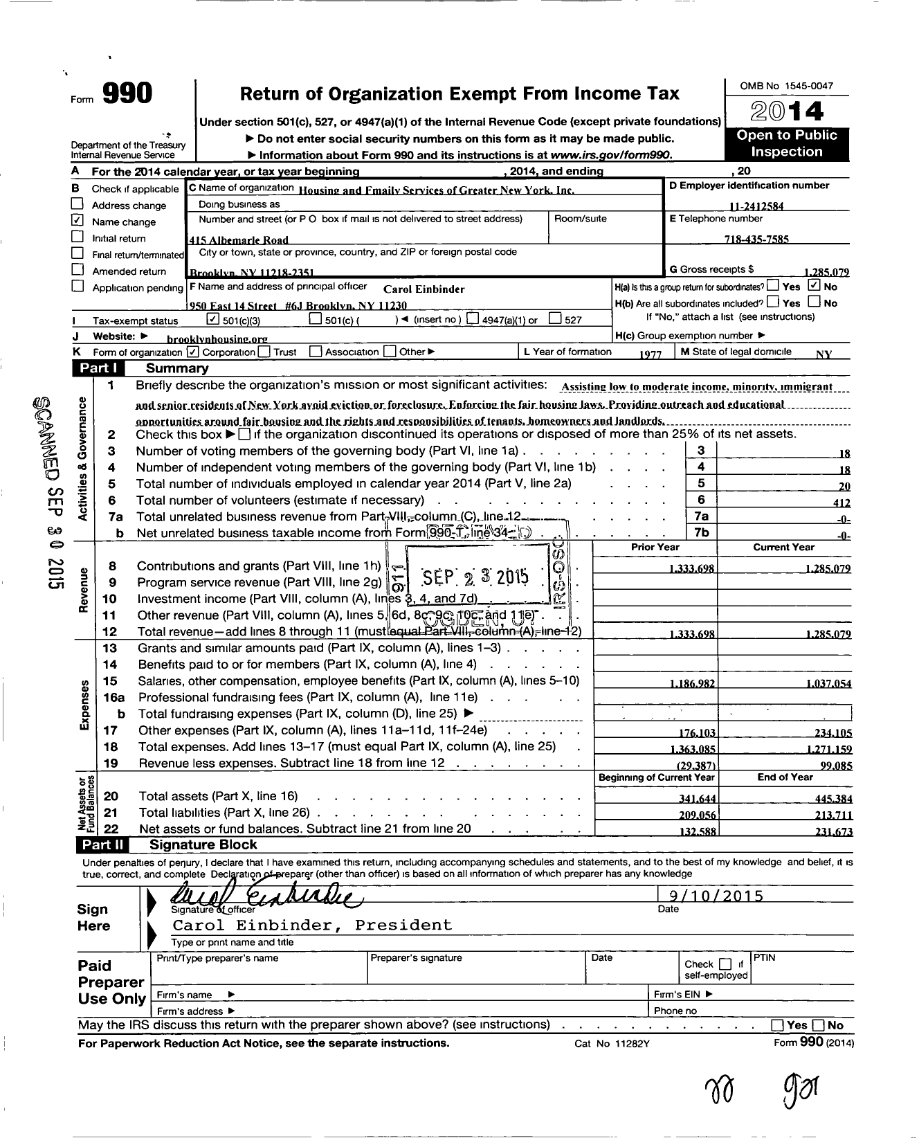 Image of first page of 2014 Form 990 for Housing and Family Services of Greater New York