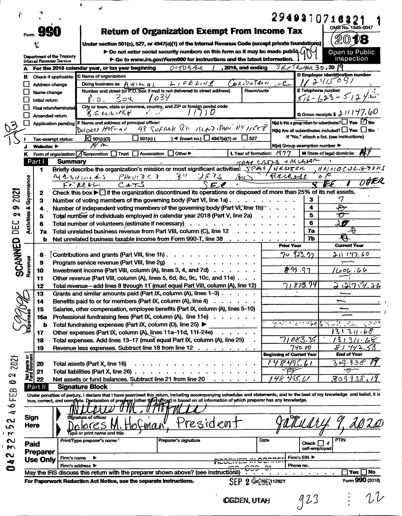 Image of first page of 2018 Form 990 for Animal Lifeline Corporation